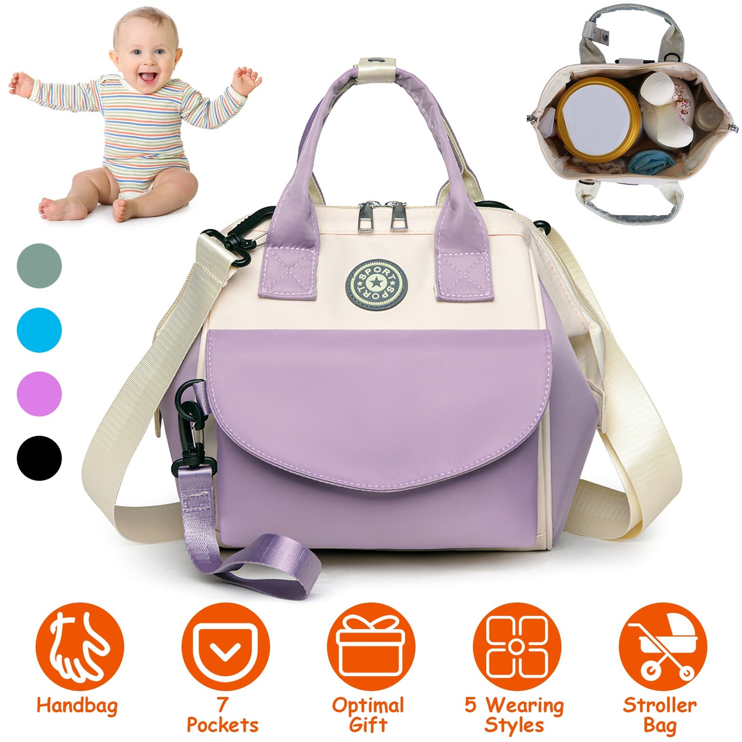 Diaper Bag with 6 Pockets and Detachable Small Bag