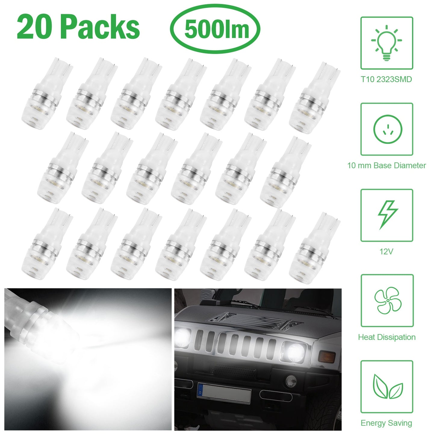 T10 LED Car Light Bulbs 20-Pack 6500K White 500lm Interior