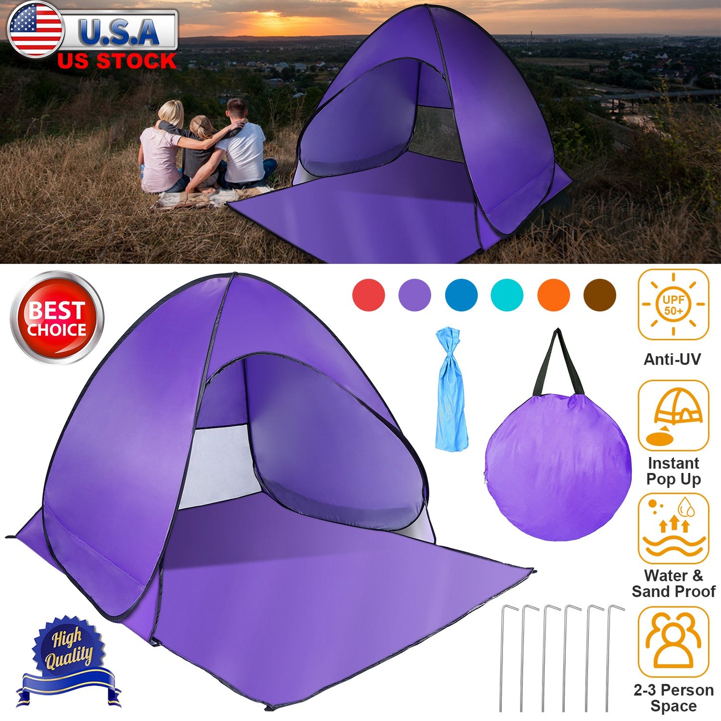Pop Up Beach Tent with UPF50+ Sun Protection for 2-3 People