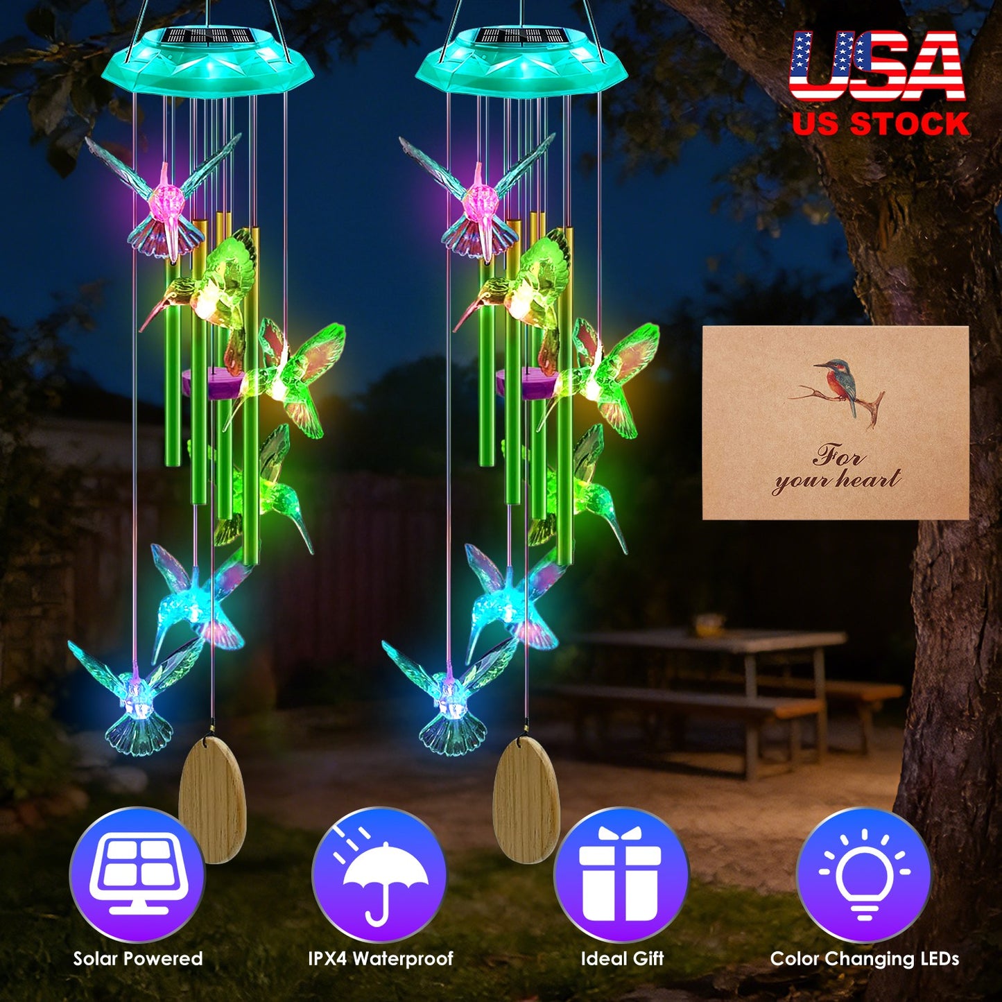 Solar Wind Chime with Color-Changing LED Lights & Aluminum Tubes