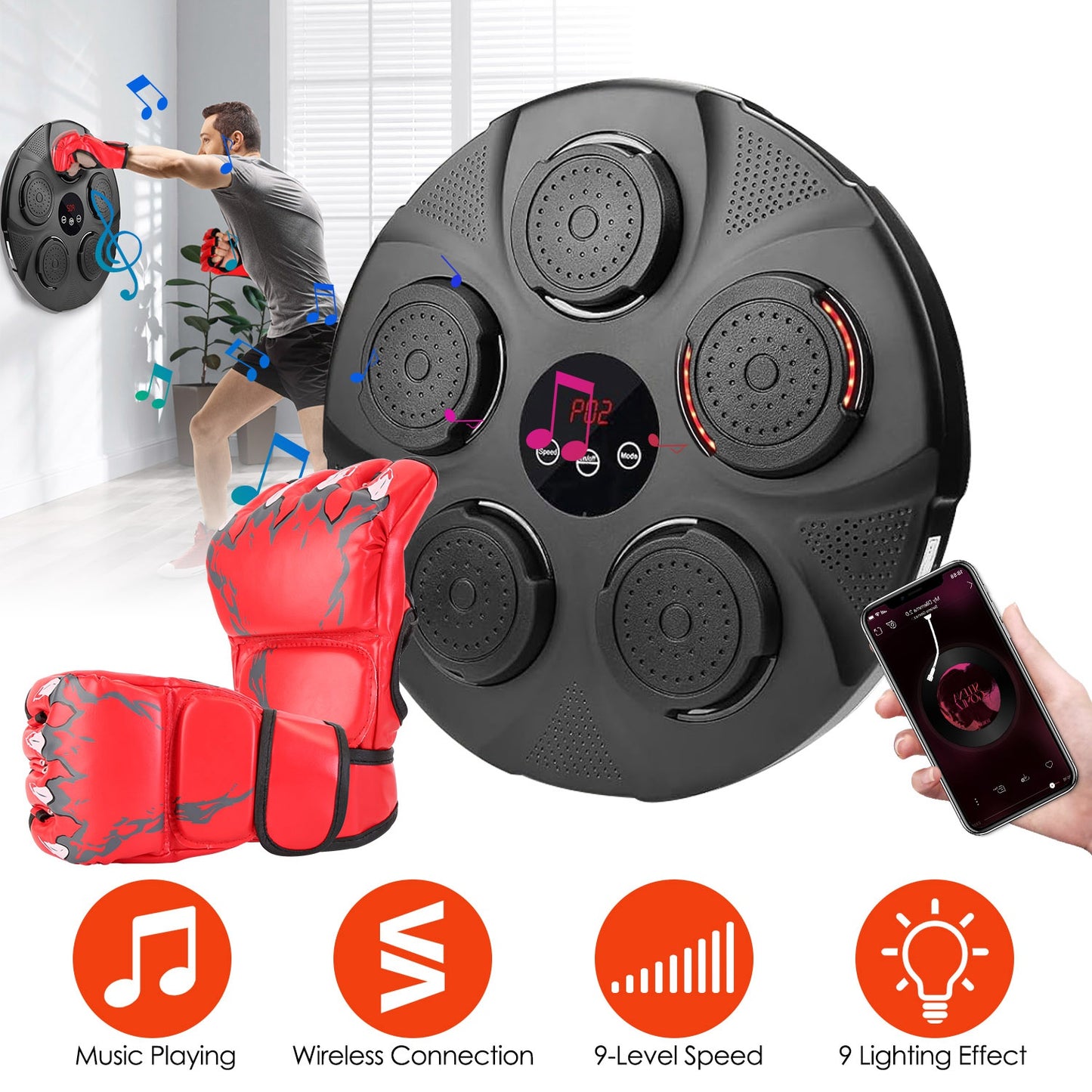 Music Boxing Machine with LED Lights and Bluetooth Speaker