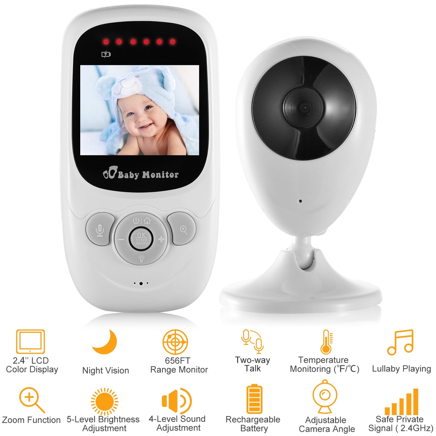Video Baby Monitor with 2.4" LCD Screen and Night Vision
