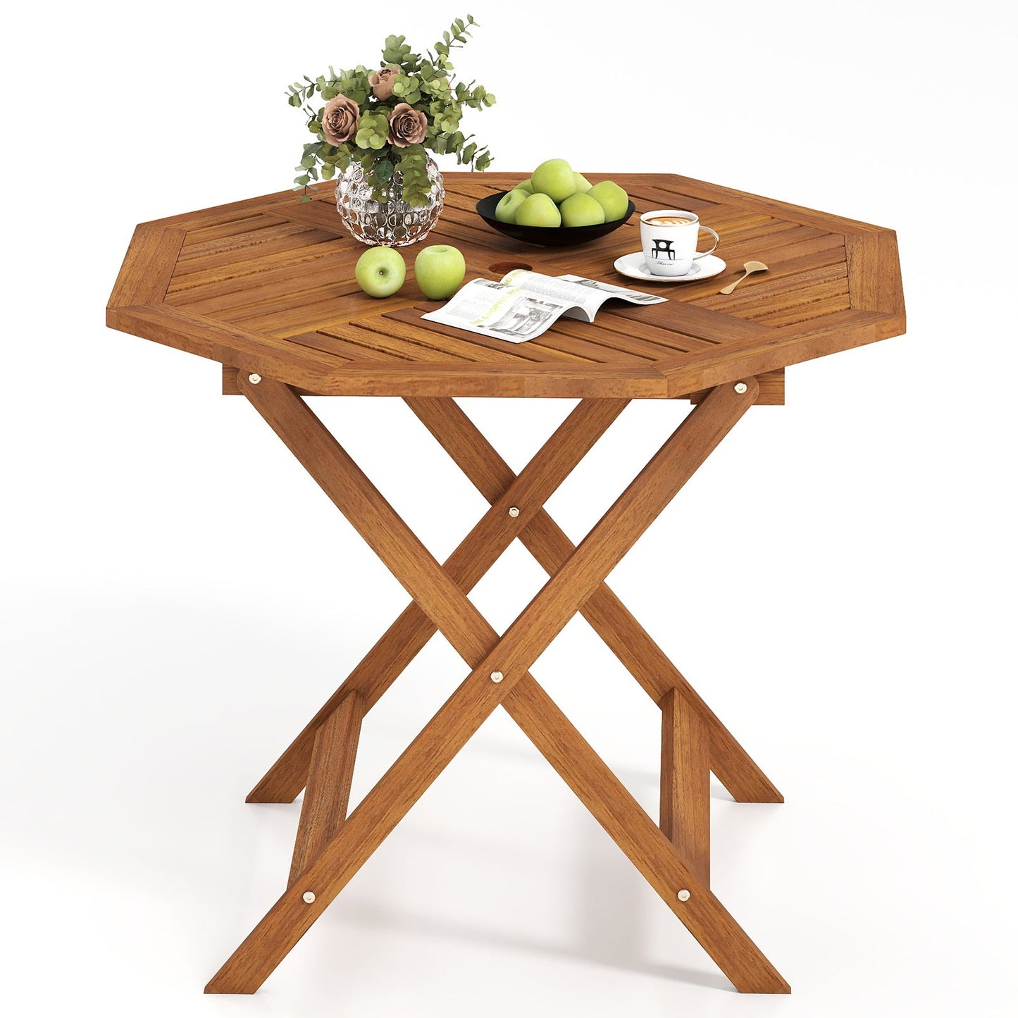 35.5 Inch Solid Wood Patio Dining Table Octagon Table with 1.97 Inch Umbrella Hole