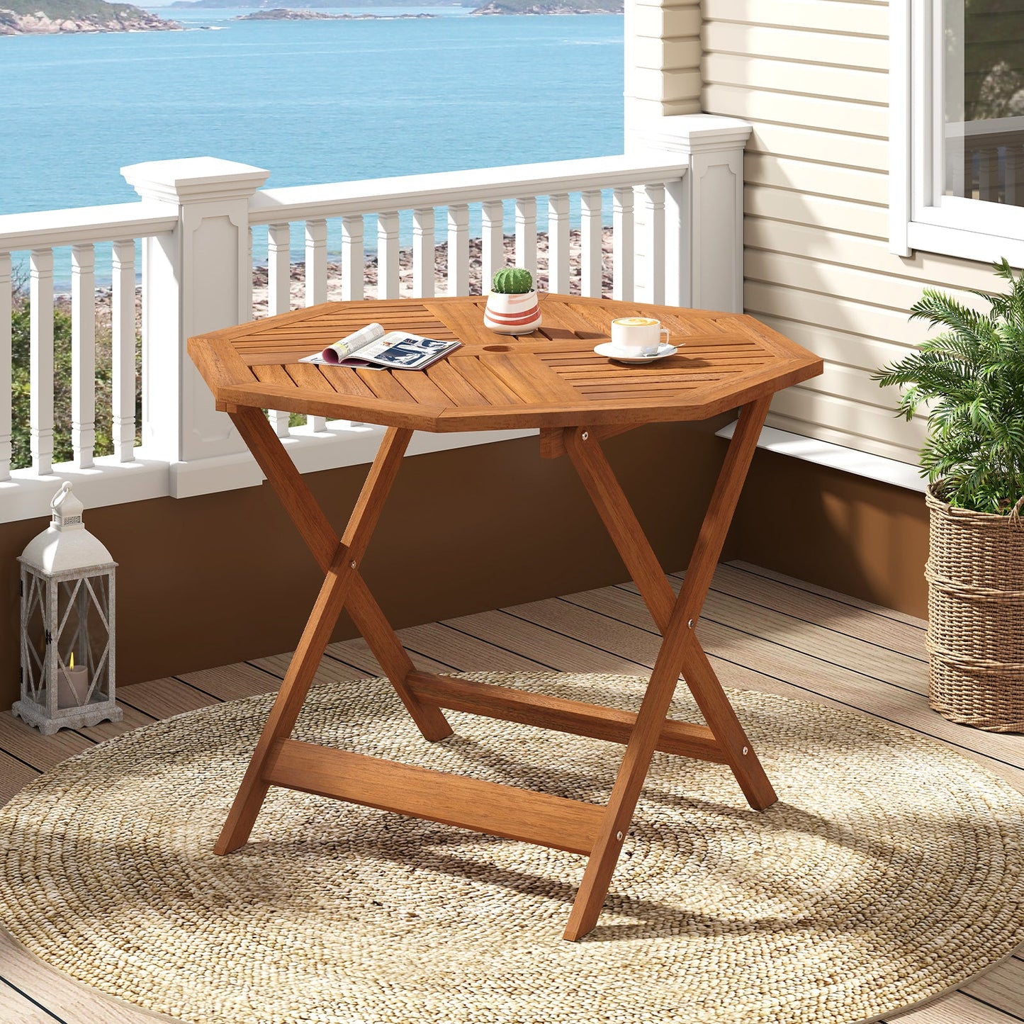 35.5 Inch Solid Wood Patio Dining Table Octagon Table with 1.97 Inch Umbrella Hole