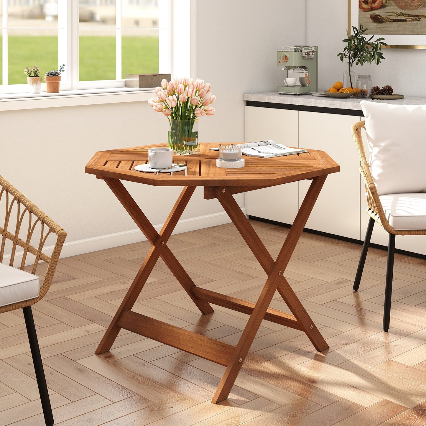 35.5 Inch Solid Wood Patio Dining Table Octagon Table with 1.97 Inch Umbrella Hole