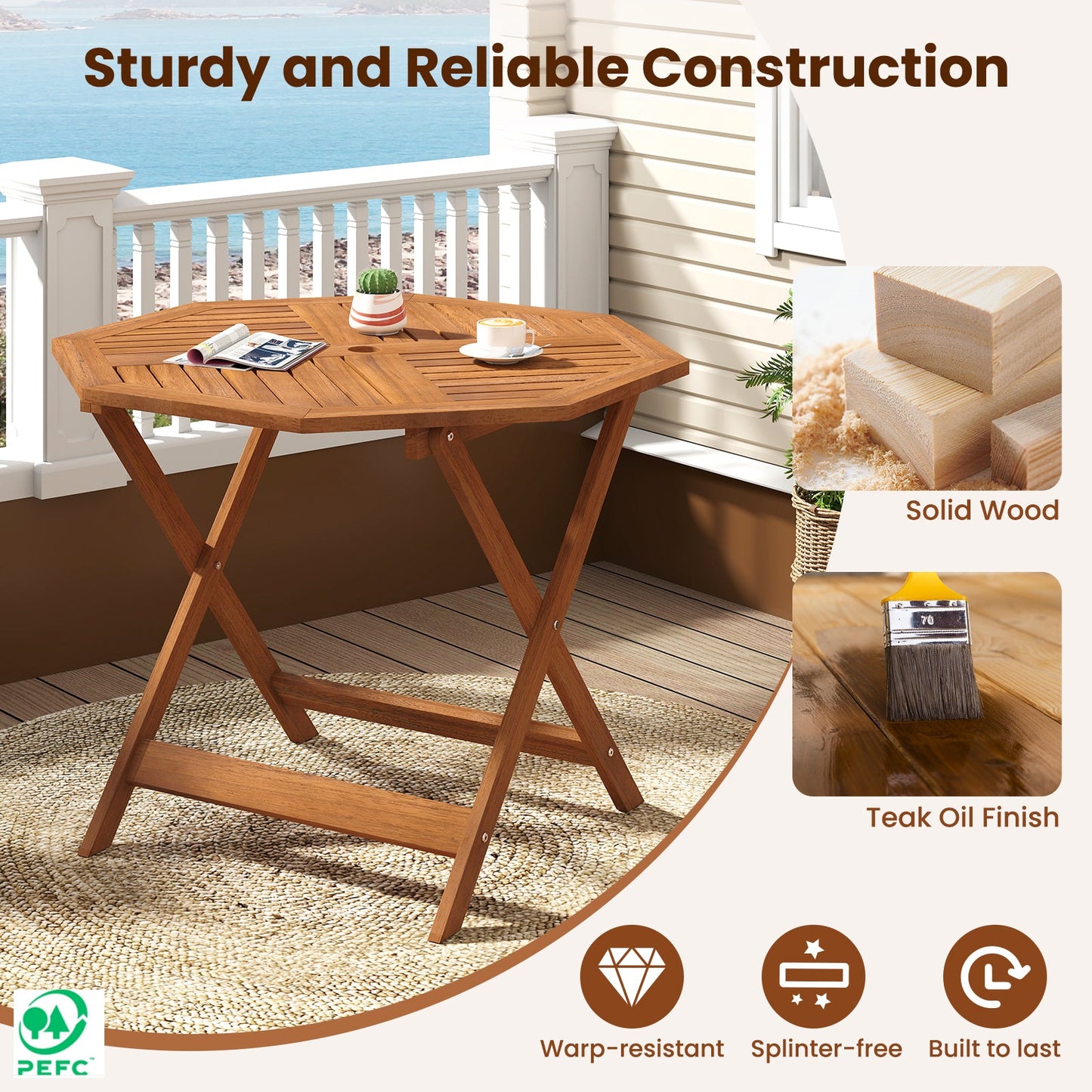35.5 Inch Solid Wood Patio Dining Table Octagon Table with 1.97 Inch Umbrella Hole