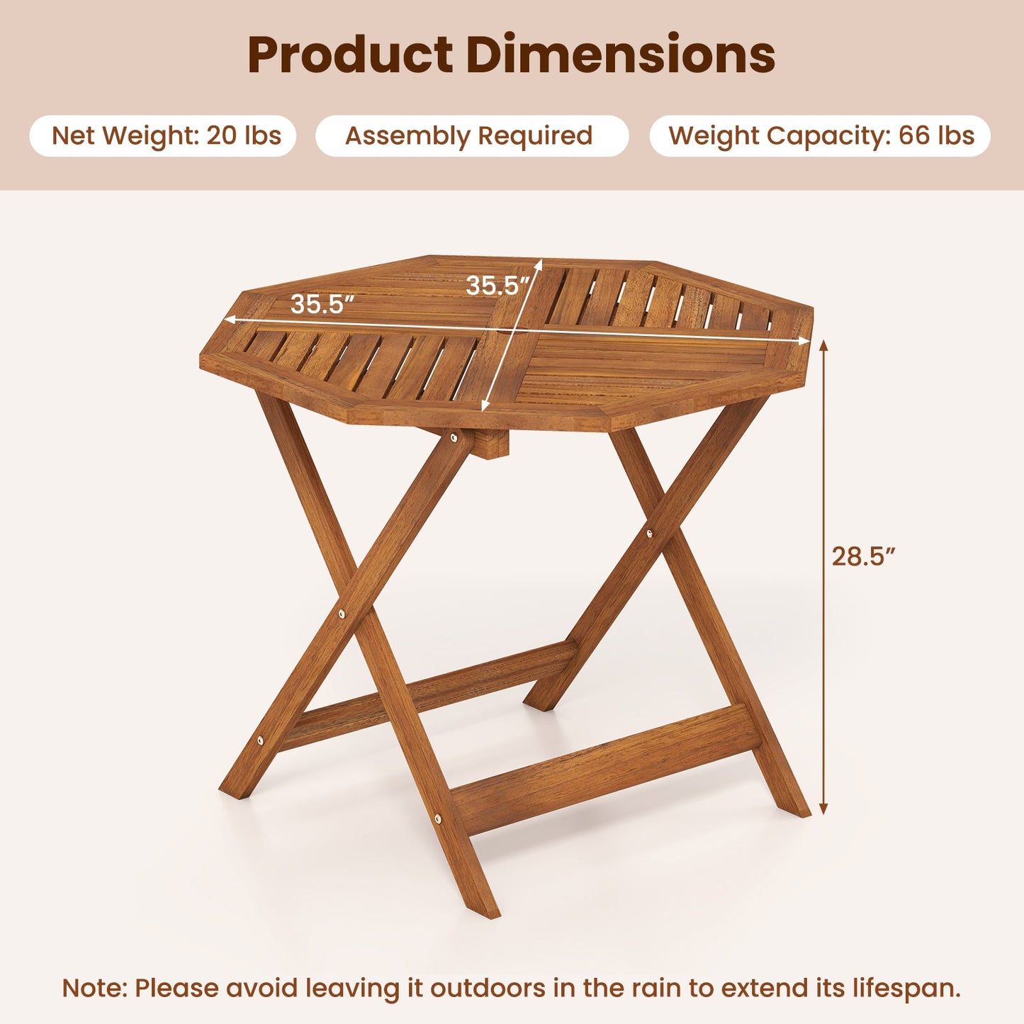 35.5 Inch Solid Wood Patio Dining Table Octagon Table with 1.97 Inch Umbrella Hole