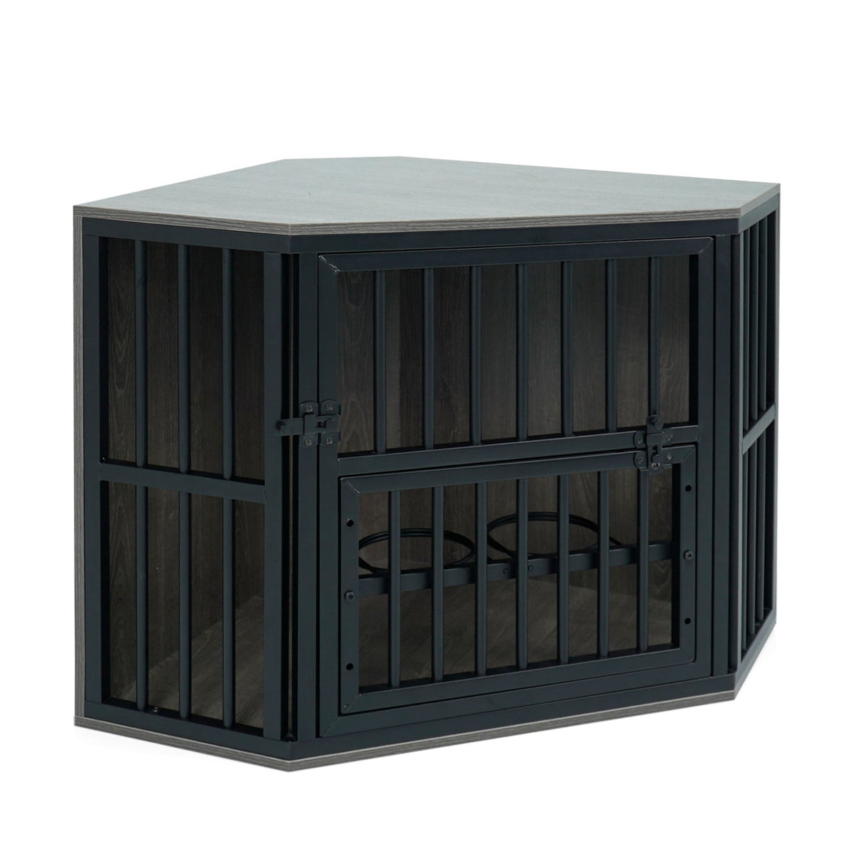 Wooden Dog Crate End Table with Adjustable Bowl Rack 35.5"