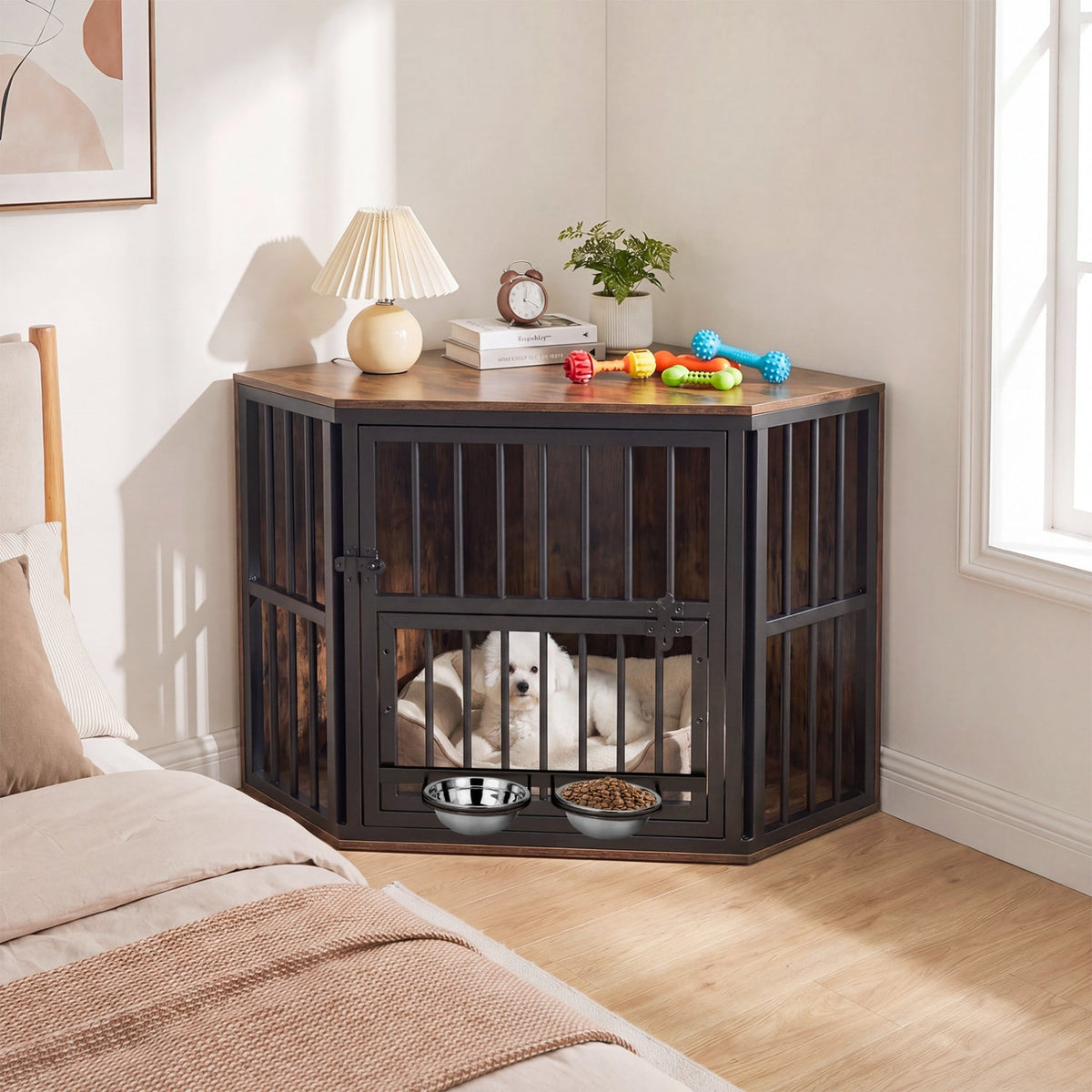 Wooden Dog Crate End Table with Adjustable Bowl Rack 35.5"