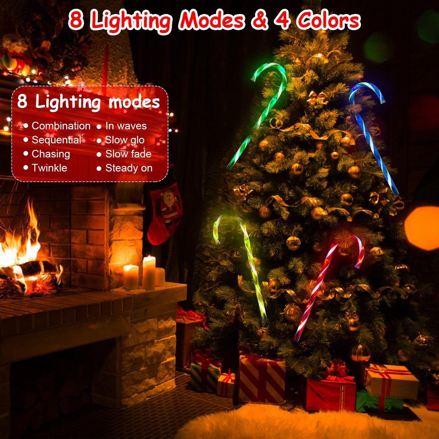 Solar Candy Cane Pathway Lights - 4 Pack with 8 Light Modes
