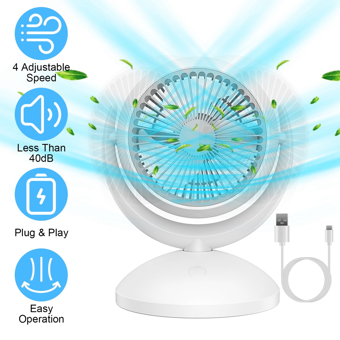 Rechargeable Desk Fan with 4 Speeds and Auto Oscillation