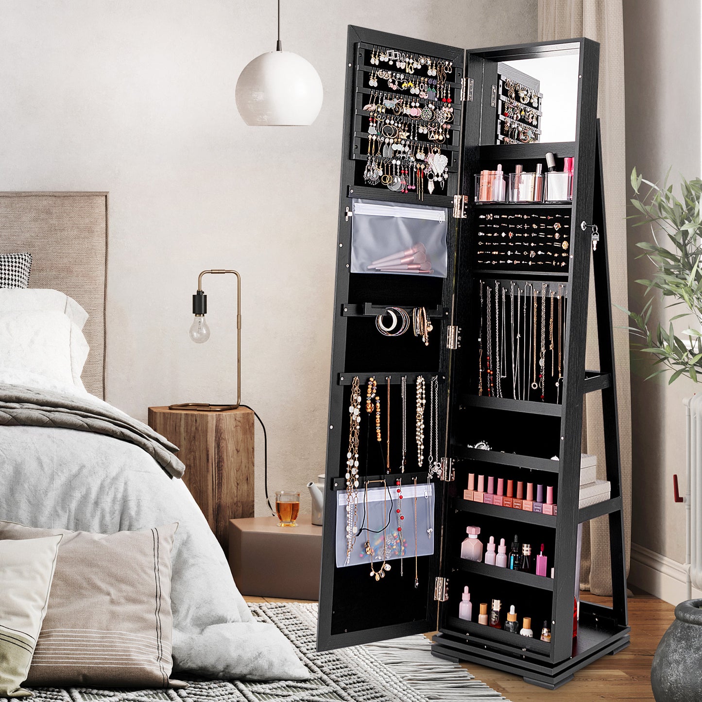 Jewelry Armoire with Full-Length Mirror and 360° Rotation