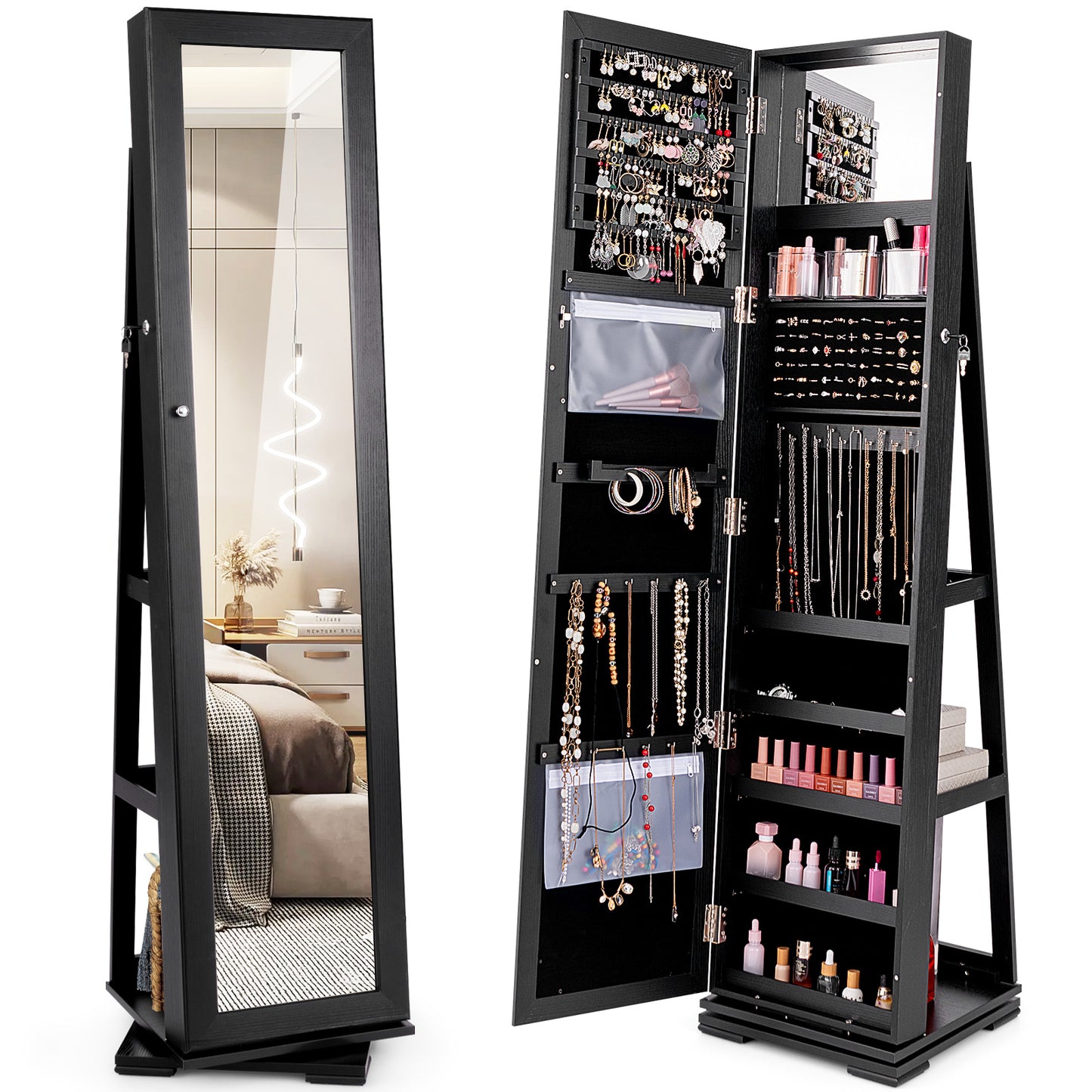 Jewelry Armoire with Full-Length Mirror and 360° Rotation