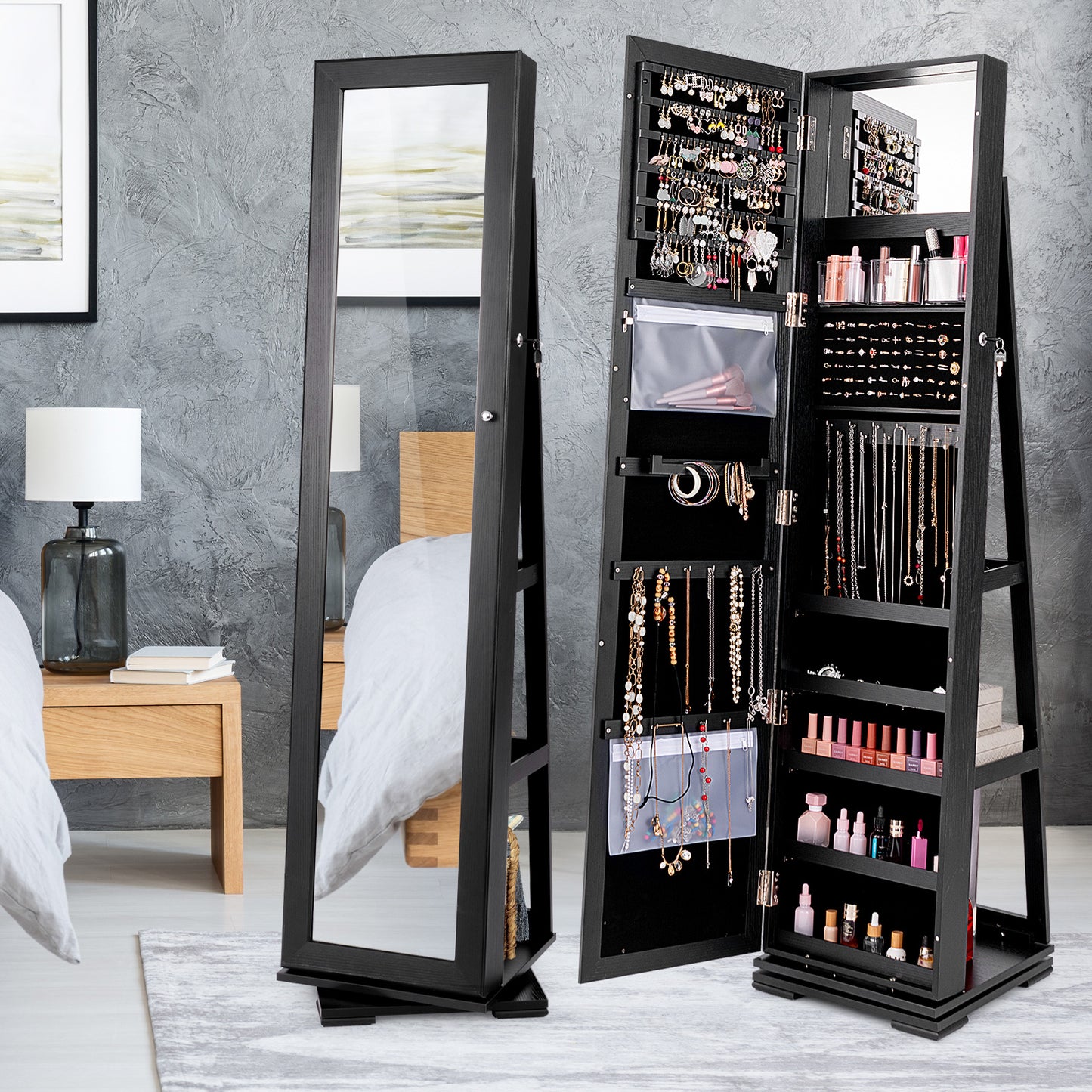 Jewelry Armoire with Full-Length Mirror and 360° Rotation