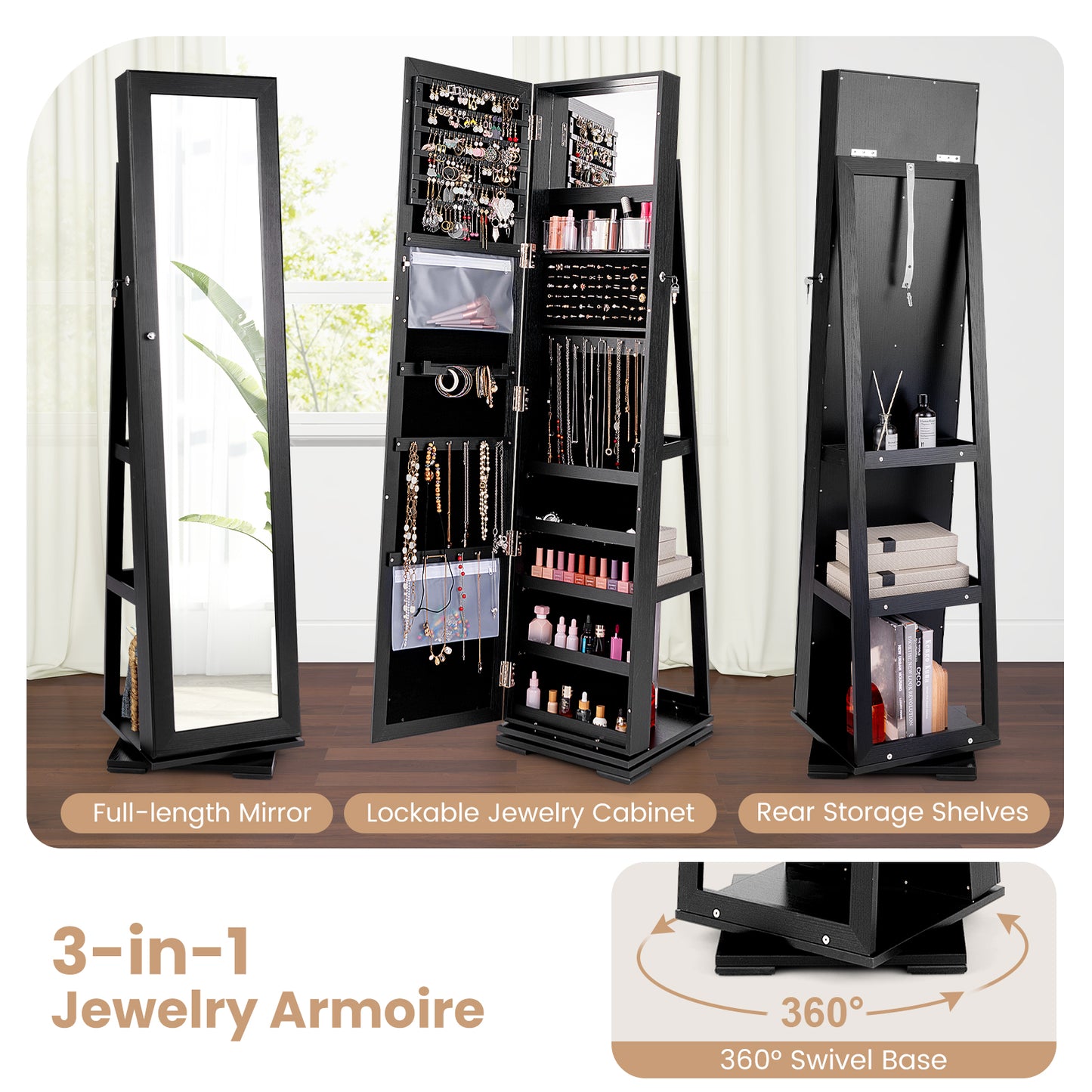 Jewelry Armoire with Full-Length Mirror and 360° Rotation