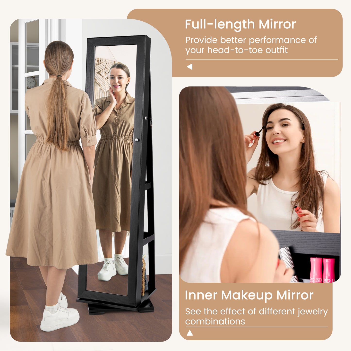 Jewelry Armoire with Full-Length Mirror and 360° Rotation
