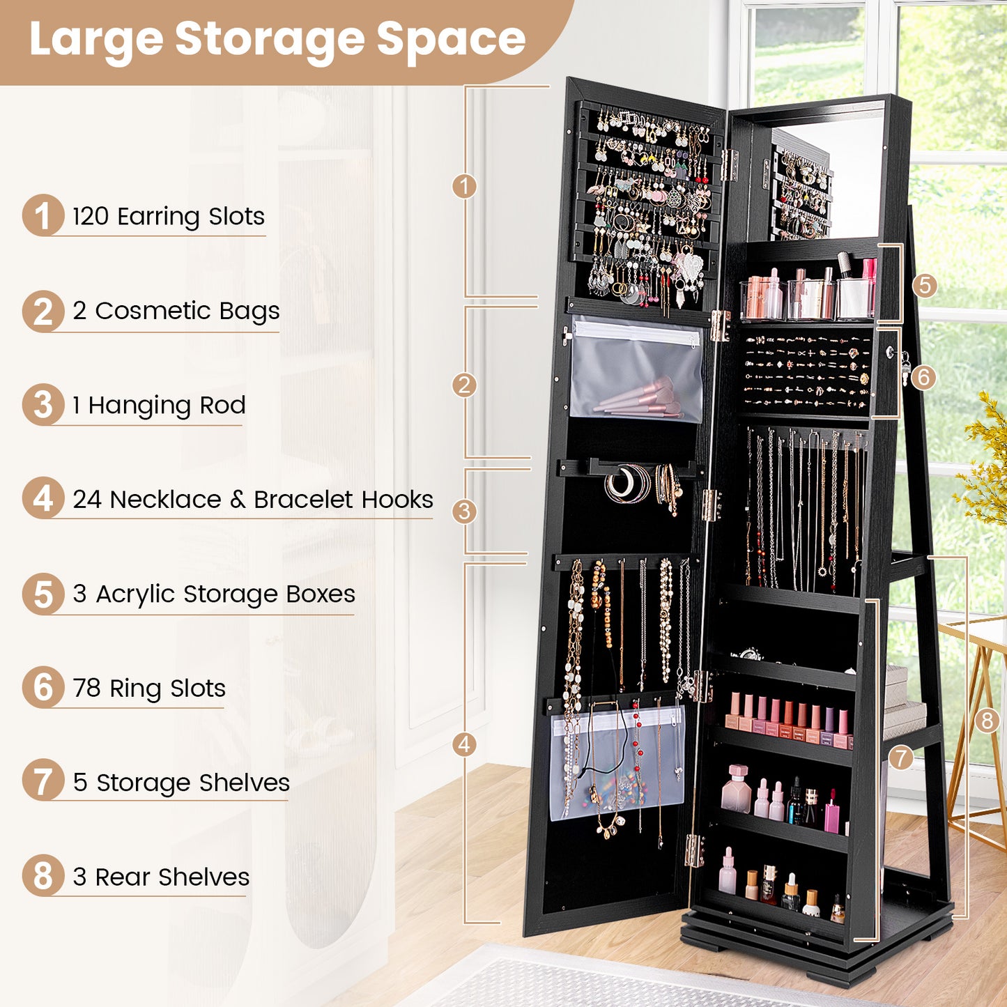 Jewelry Armoire with Full-Length Mirror and 360° Rotation