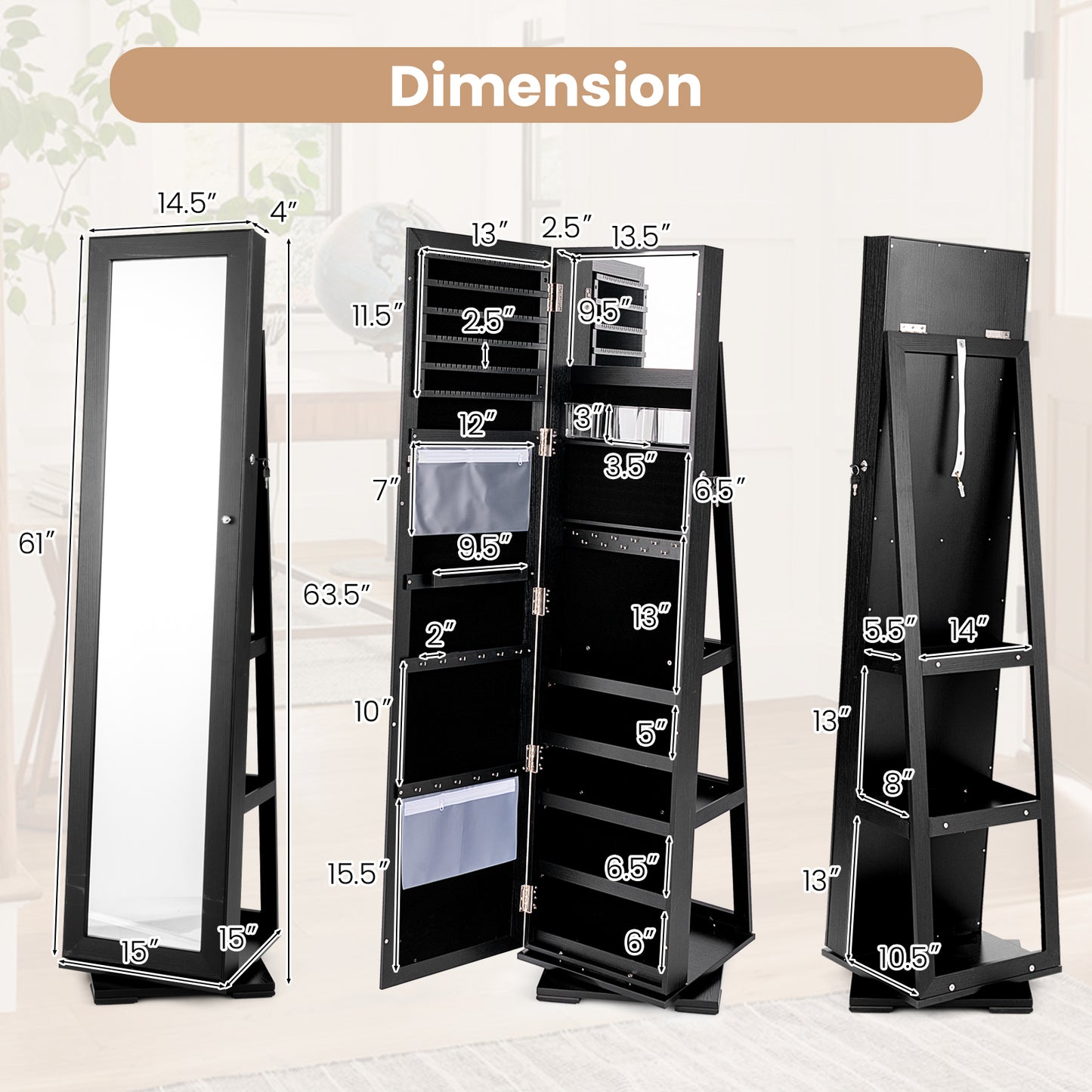 Jewelry Armoire with Full-Length Mirror and 360° Rotation
