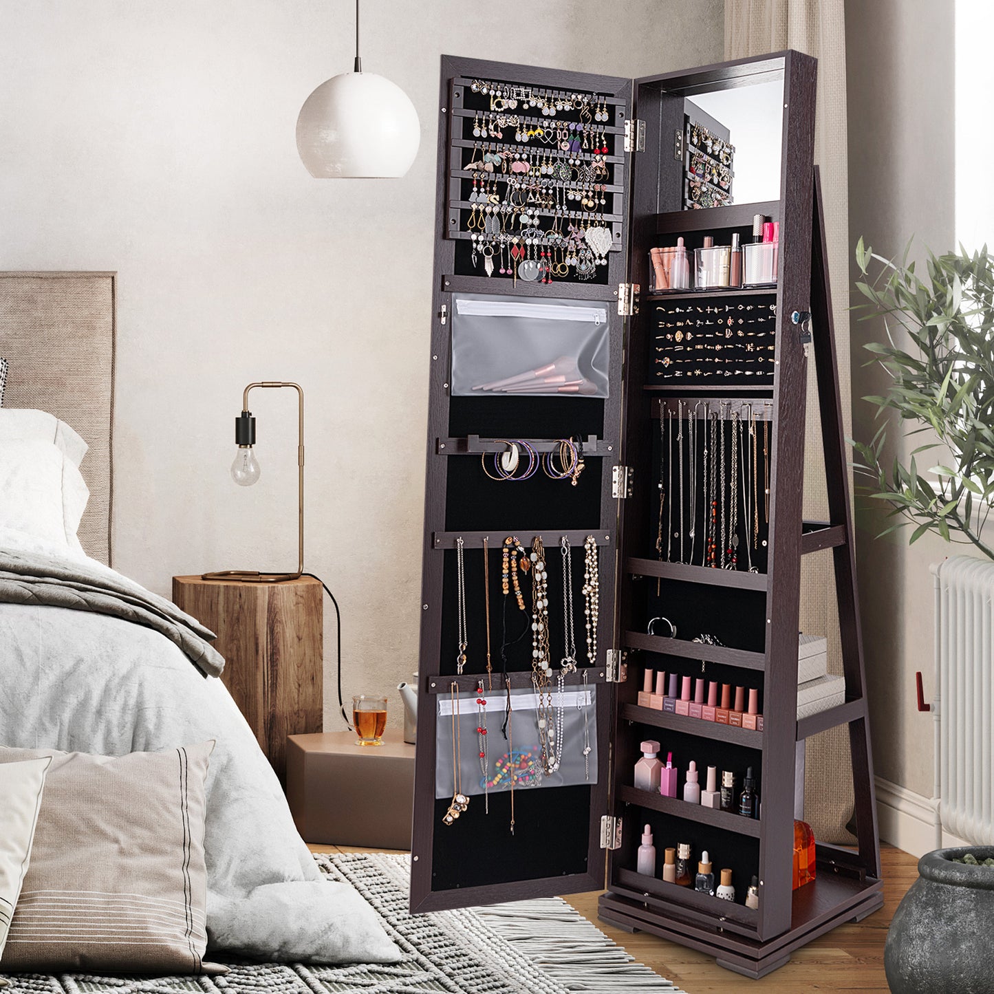 Jewelry Armoire with Full-Length Mirror and 360° Rotation