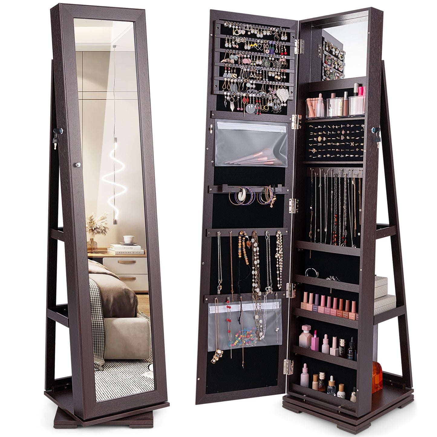 Jewelry Armoire with Full-Length Mirror and 360° Rotation