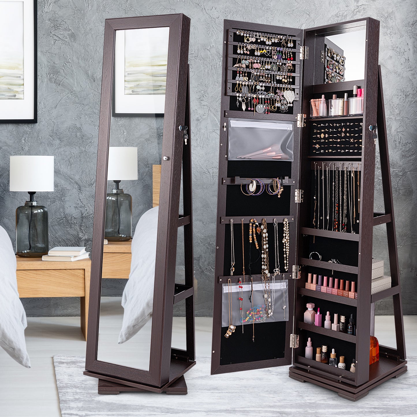 Jewelry Armoire with Full-Length Mirror and 360° Rotation