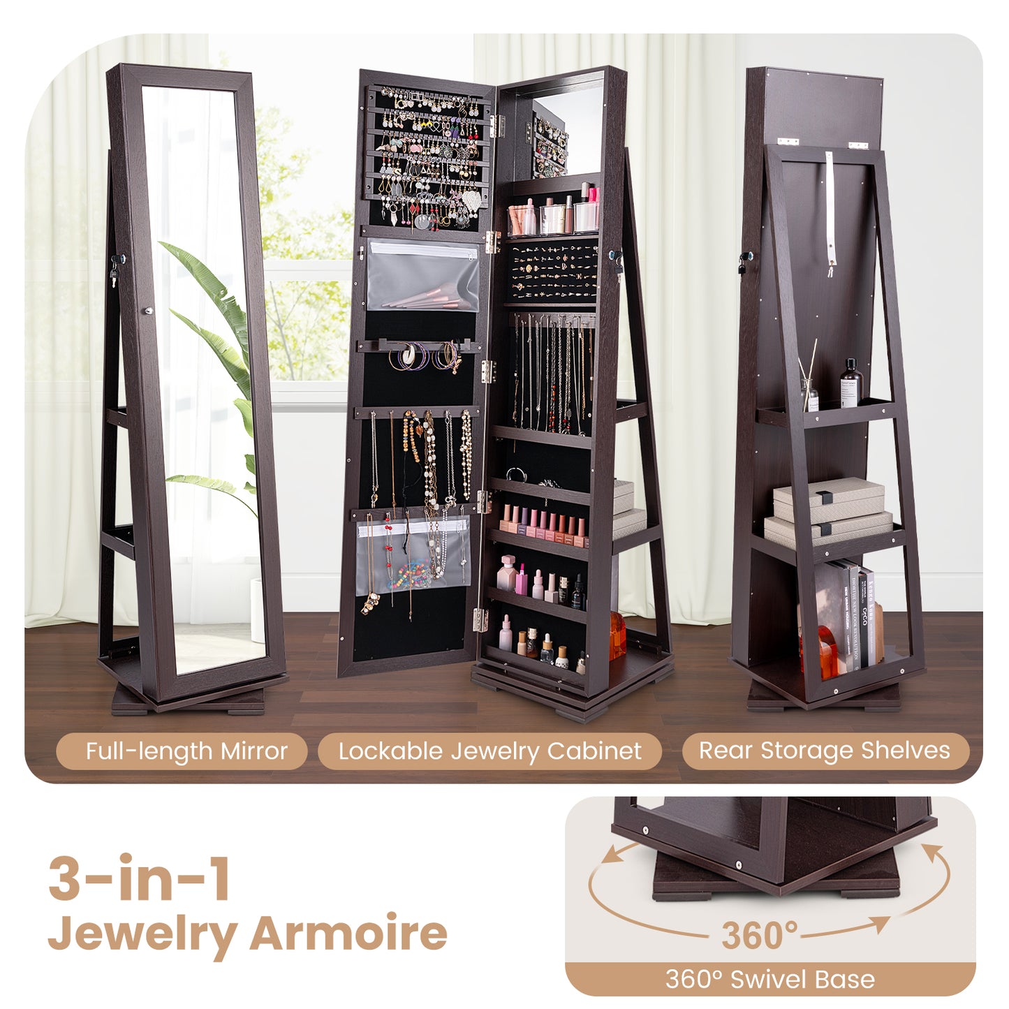 Jewelry Armoire with Full-Length Mirror and 360° Rotation