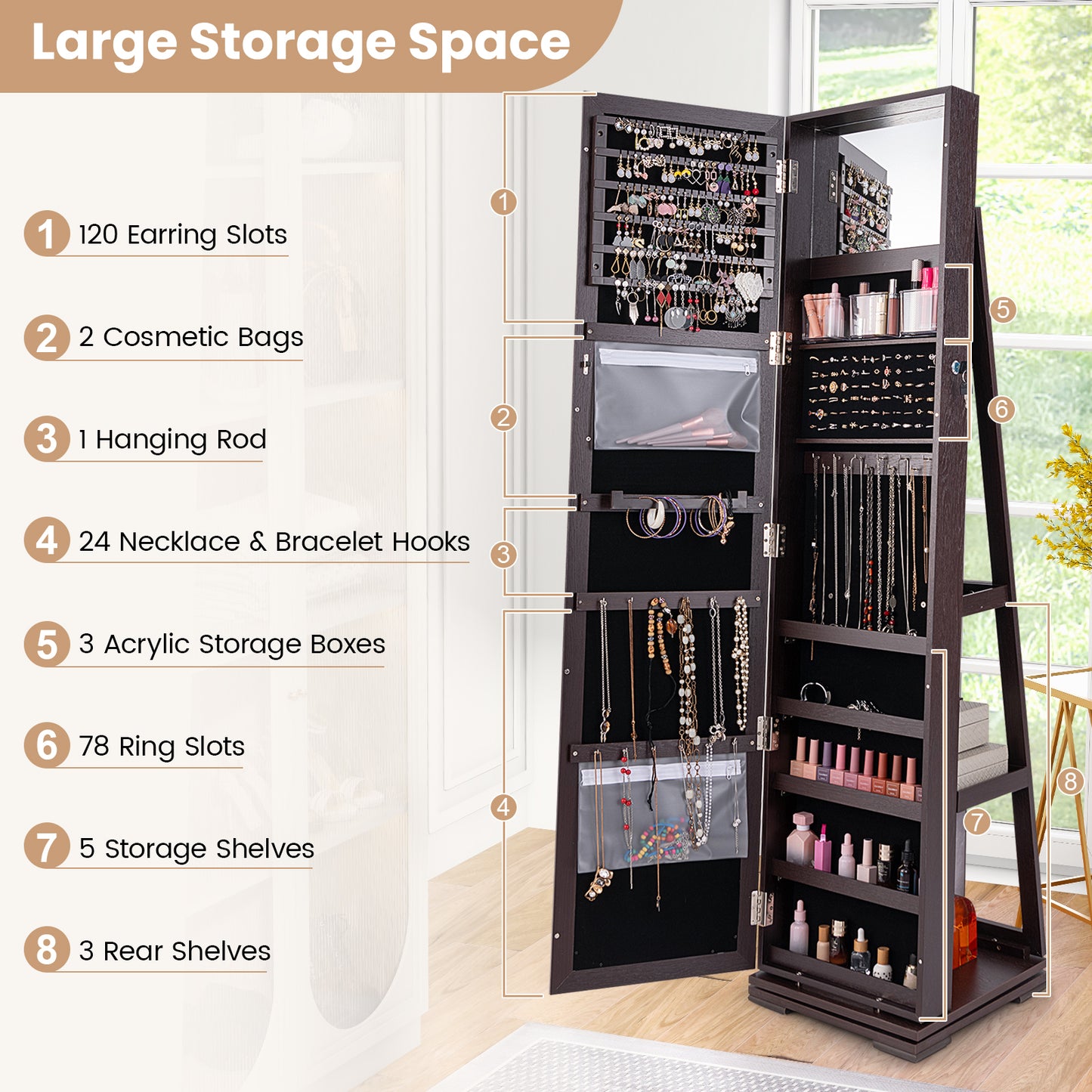 Jewelry Armoire with Full-Length Mirror and 360° Rotation