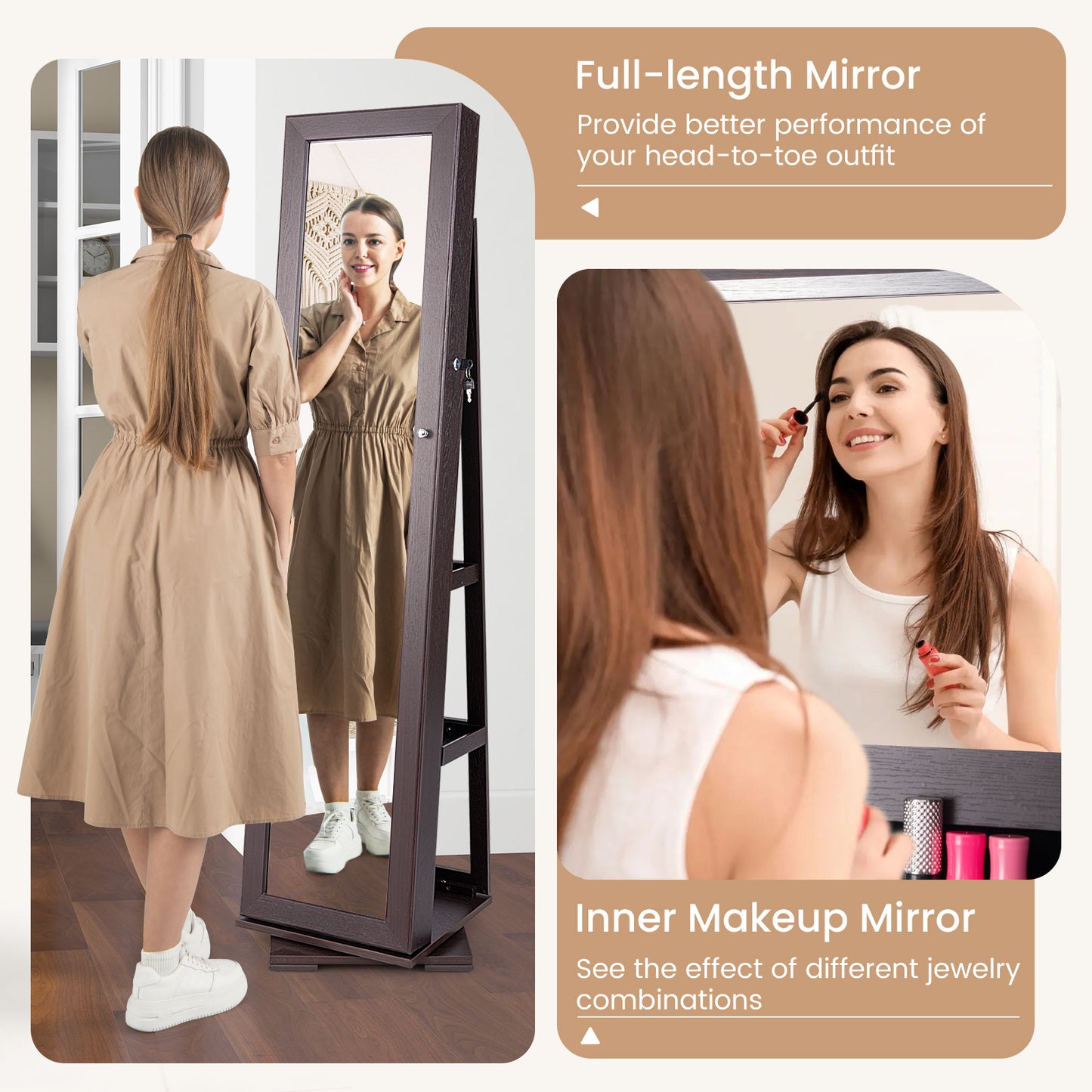 Jewelry Armoire with Full-Length Mirror and 360° Rotation