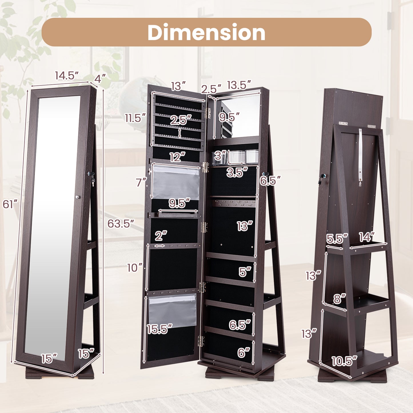 Jewelry Armoire with Full-Length Mirror and 360° Rotation