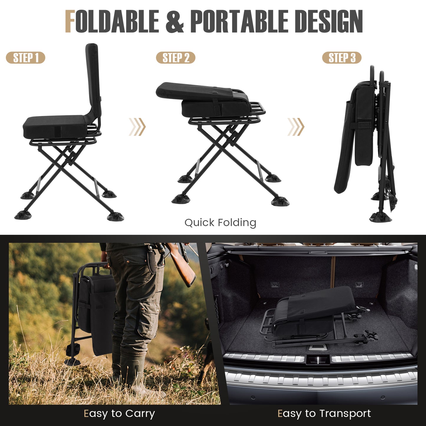 Swivel Folding Camping Chair with Padded Cushion - Camouflage