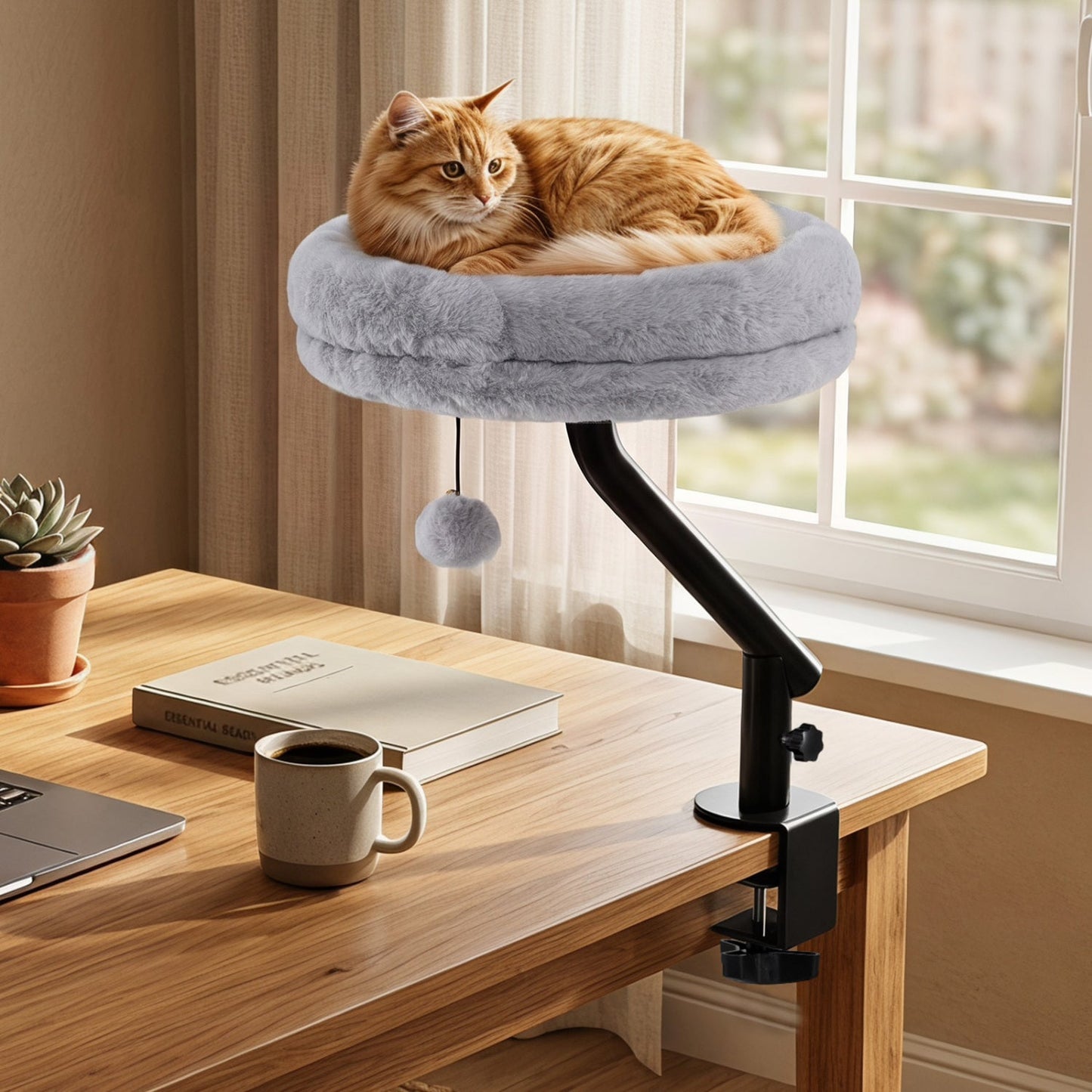 Cat Desk Bed with 360° Rotating Perch and Clamp Mount