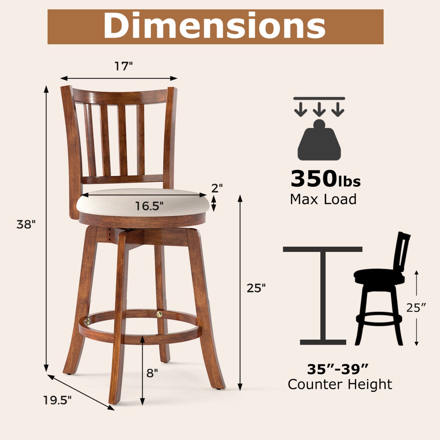 Swivel Bar Stools Set of 2 with Upholstered Seat