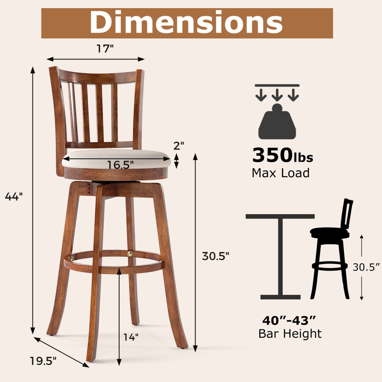 Swivel Bar Stools Set of 2 with Upholstered Seat