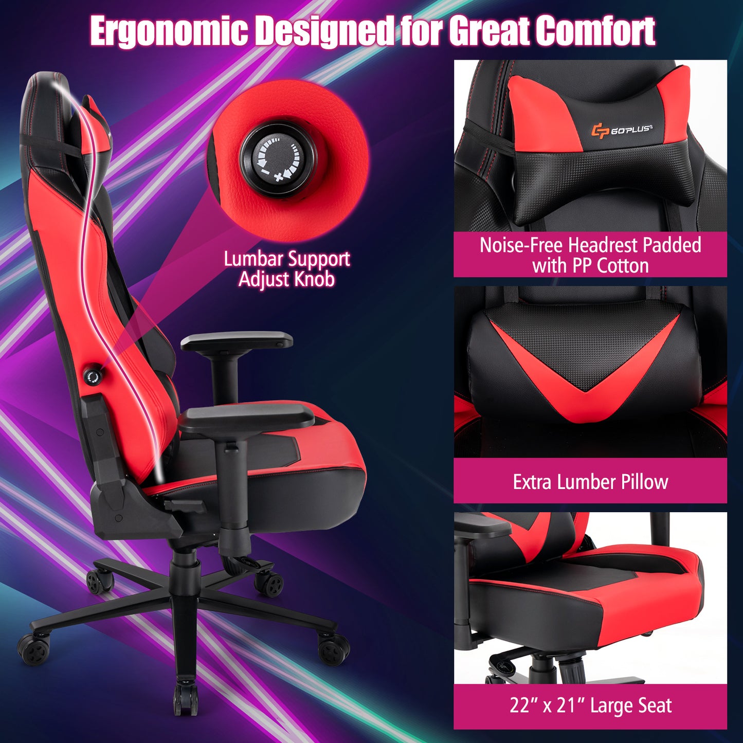 360° Swivel Gaming Chair with 4D Armrests - Red