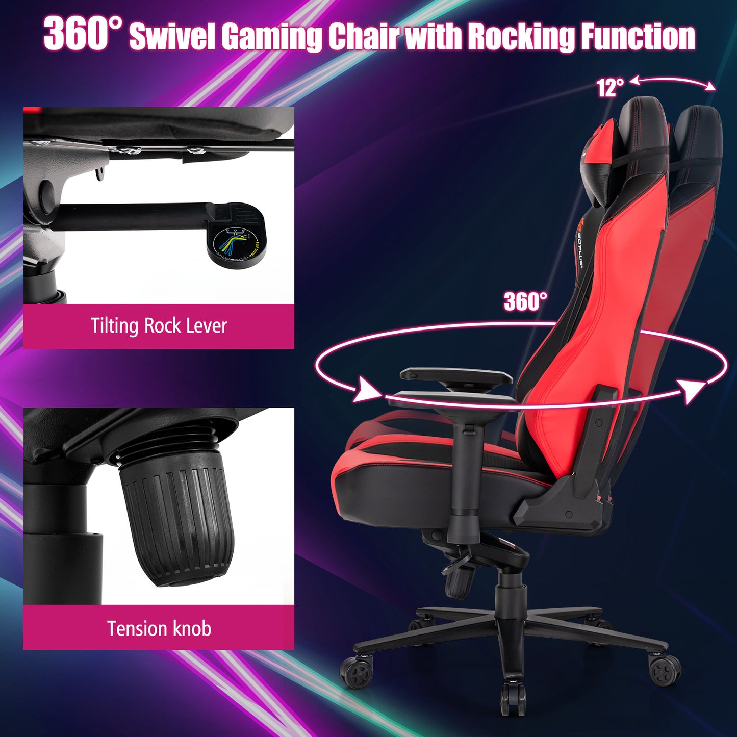 360° Swivel Gaming Chair with 4D Armrests - Red