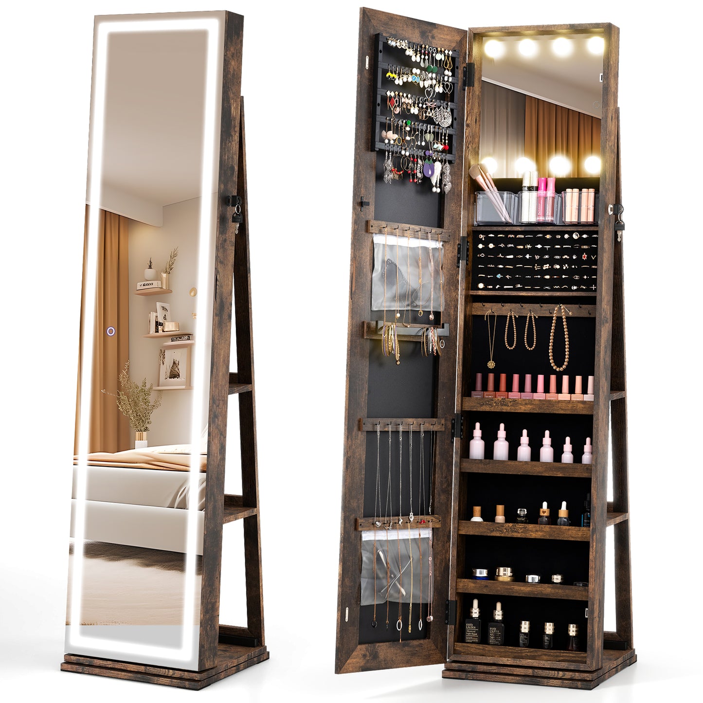 Swivel Jewelry Cabinet with Lighted Full Length Mirror
