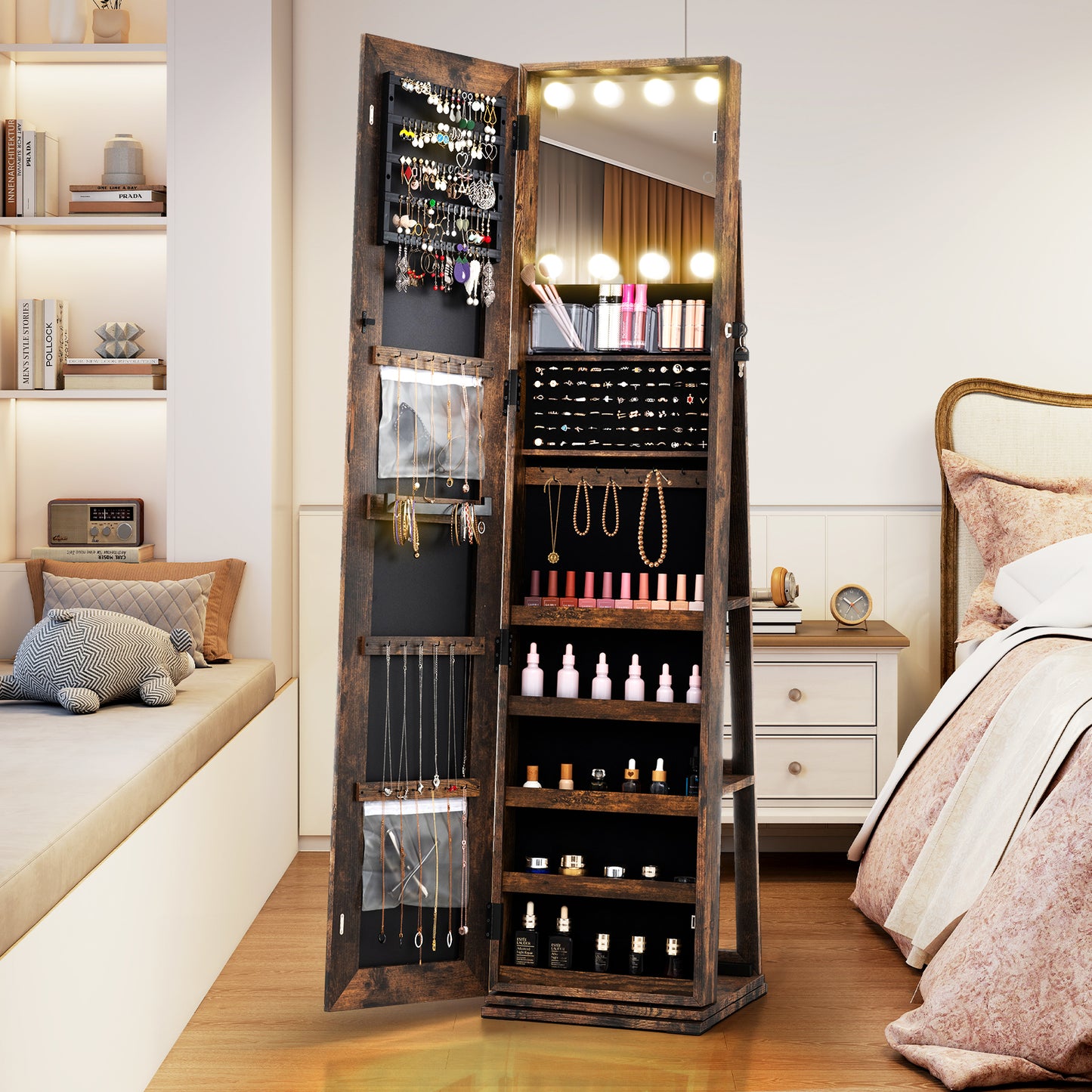 Swivel Jewelry Cabinet with Lighted Full Length Mirror