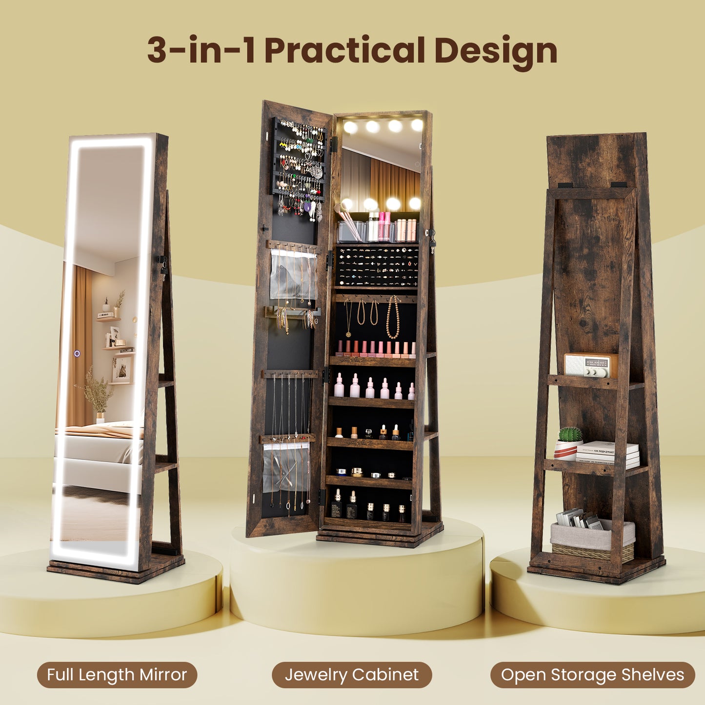 Swivel Jewelry Cabinet with Lighted Full Length Mirror
