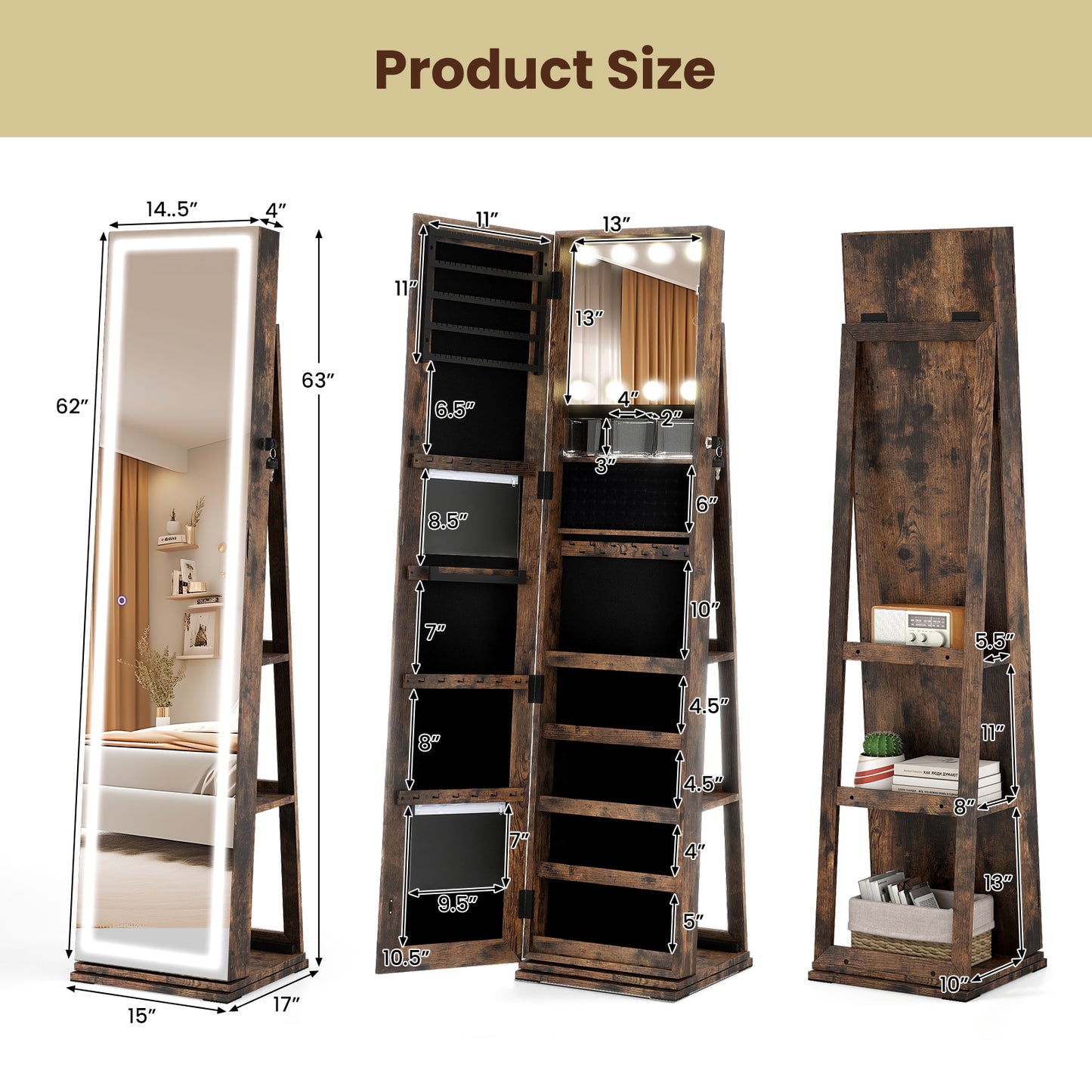 Swivel Jewelry Cabinet with Lighted Full Length Mirror