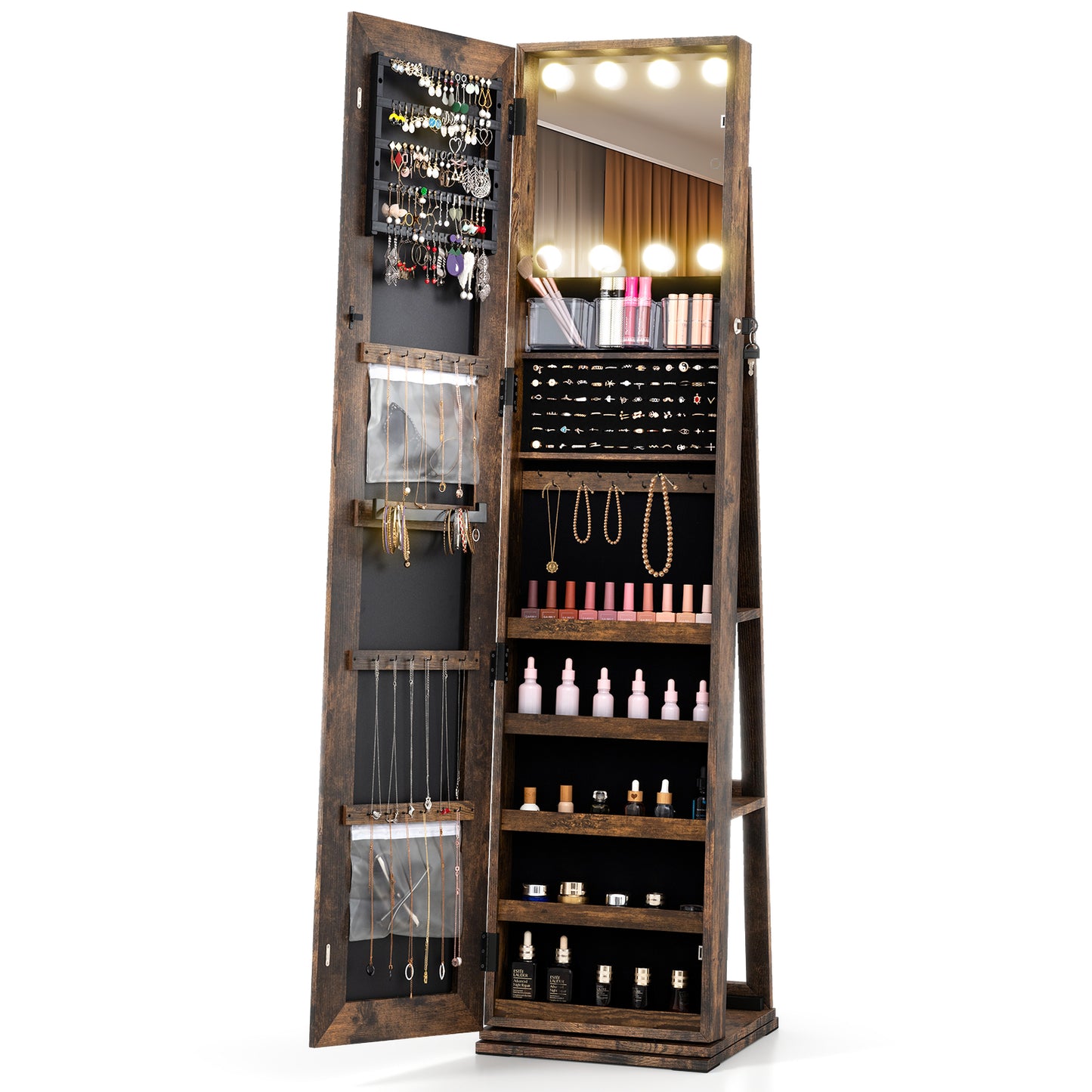 Swivel Jewelry Cabinet with Lighted Full Length Mirror