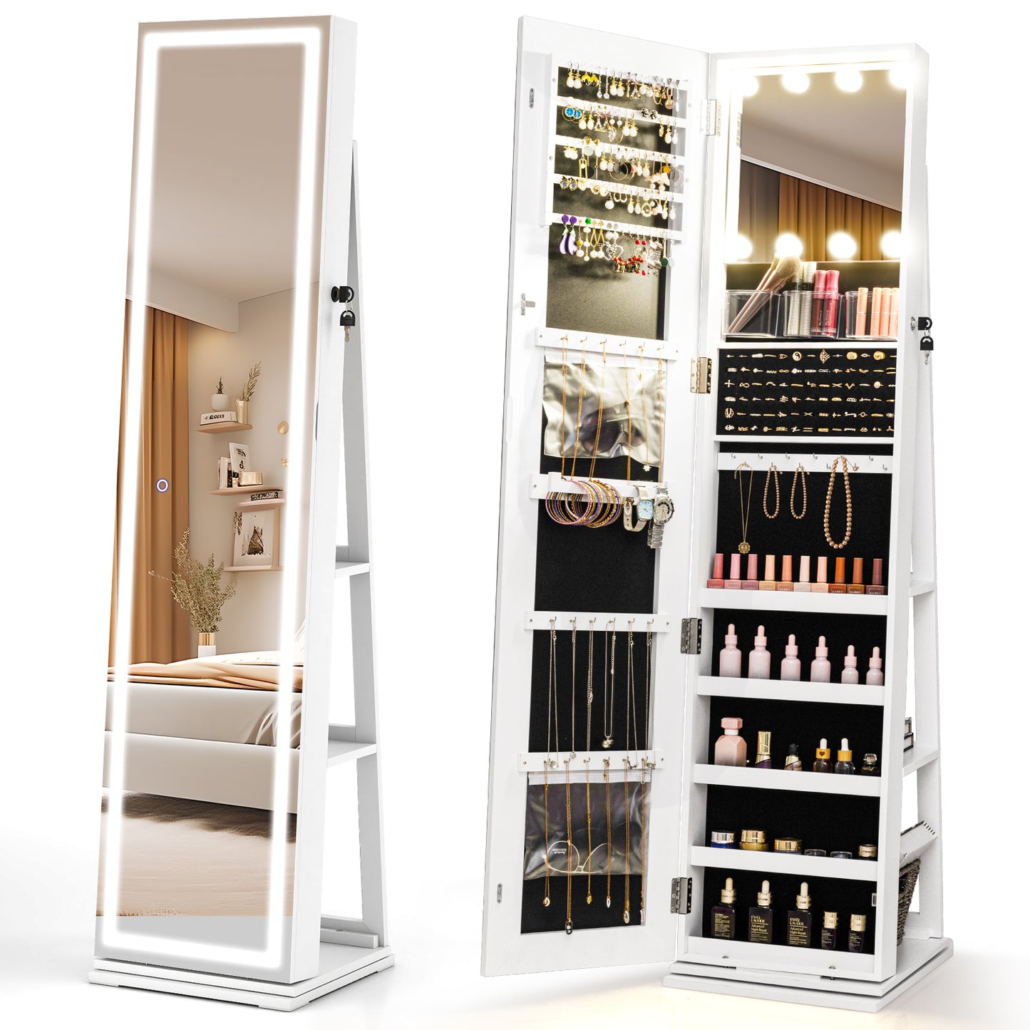Swivel Jewelry Cabinet with Lighted Full Length Mirror