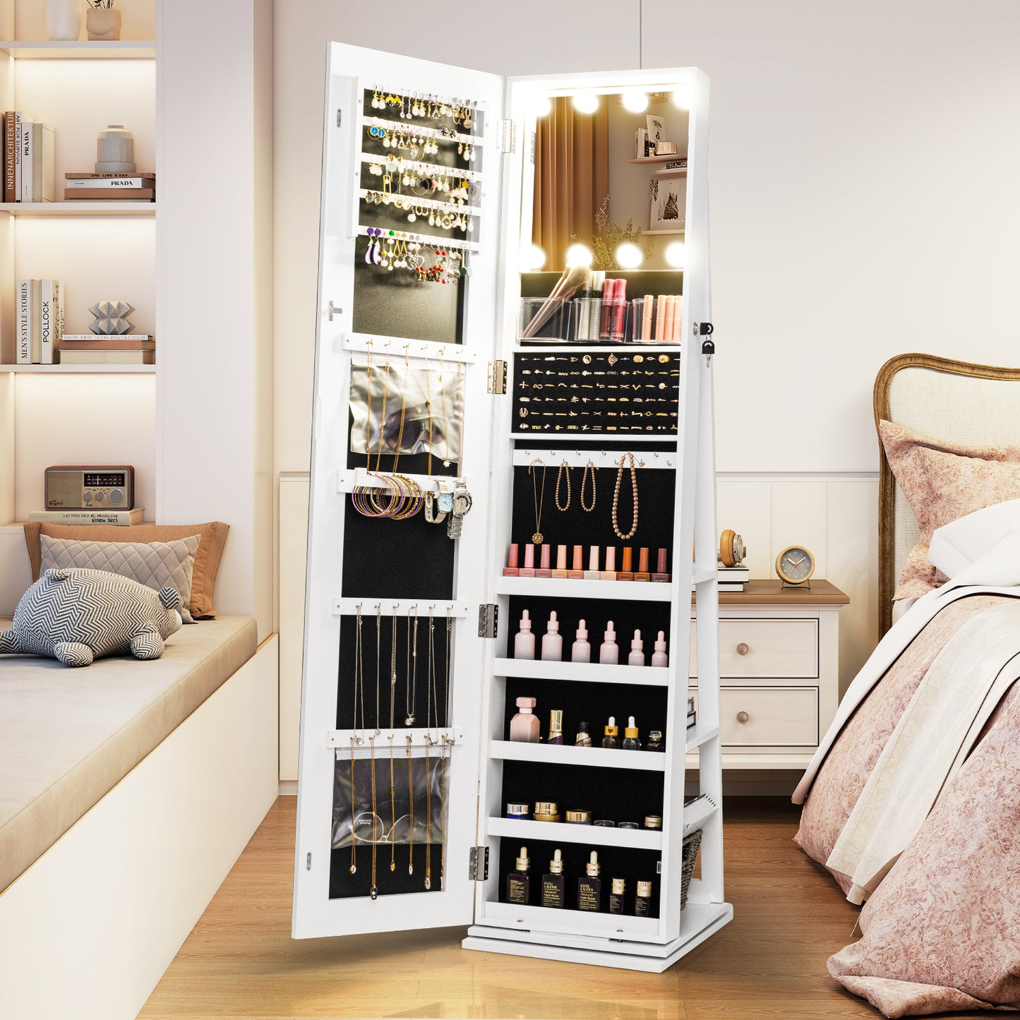 Swivel Jewelry Cabinet with Lighted Full Length Mirror