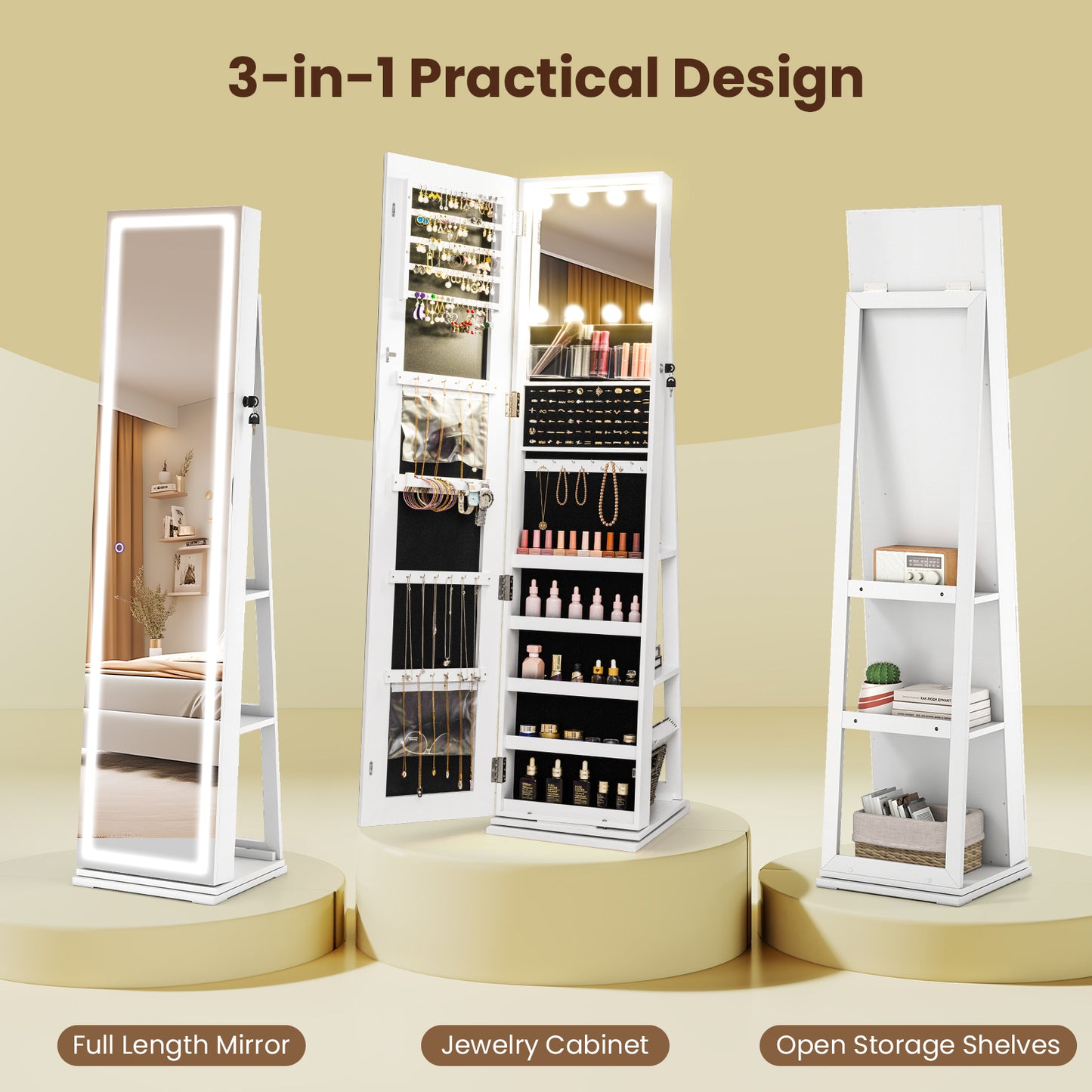 Swivel Jewelry Cabinet with Lighted Full Length Mirror
