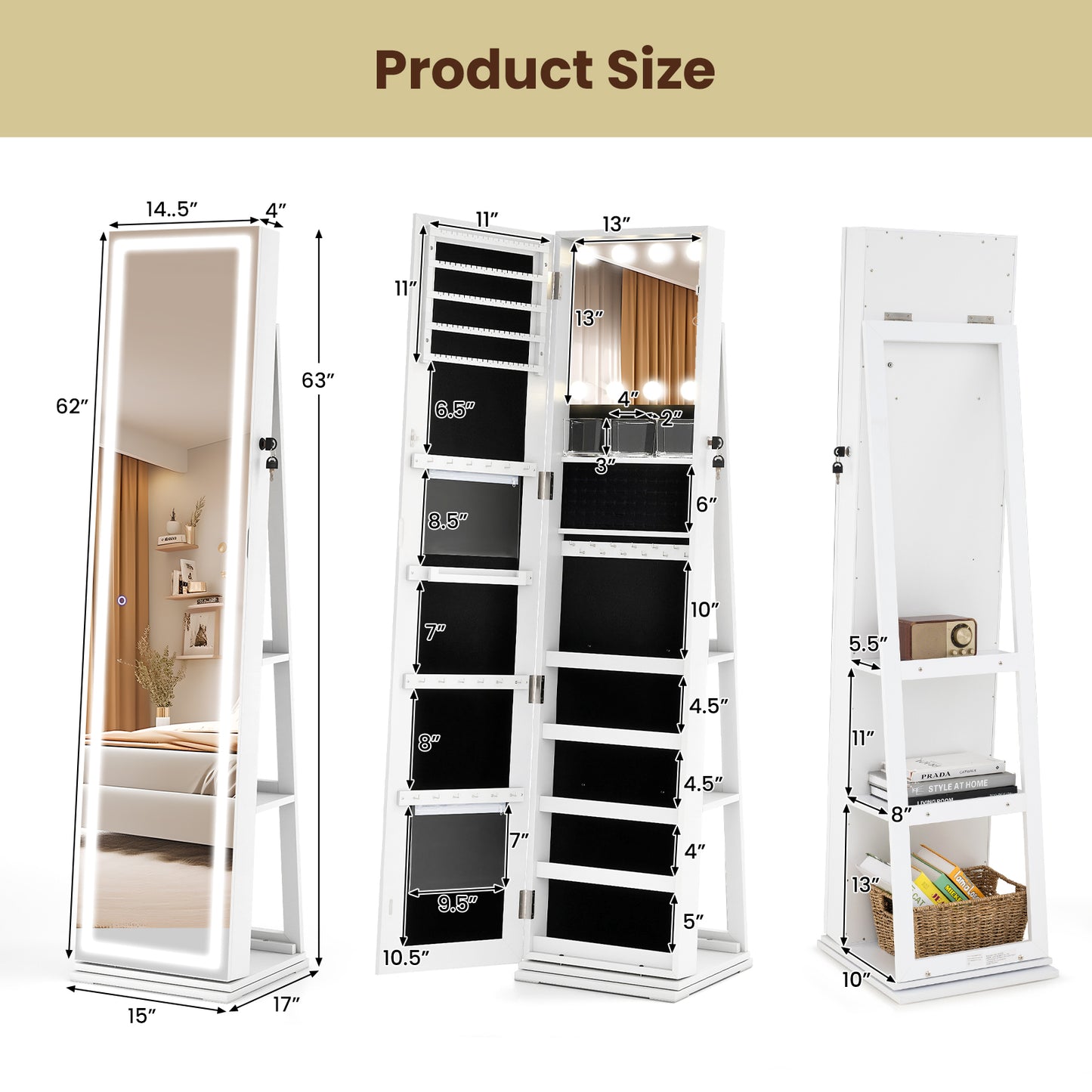 Swivel Jewelry Cabinet with Lighted Full Length Mirror