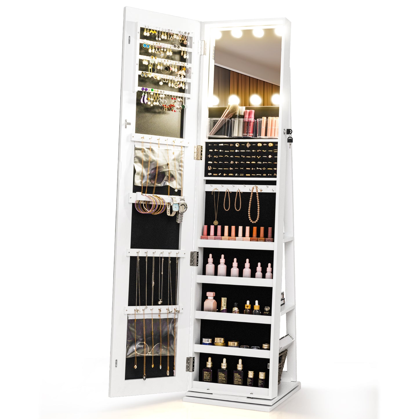 Swivel Jewelry Cabinet with Lighted Full Length Mirror
