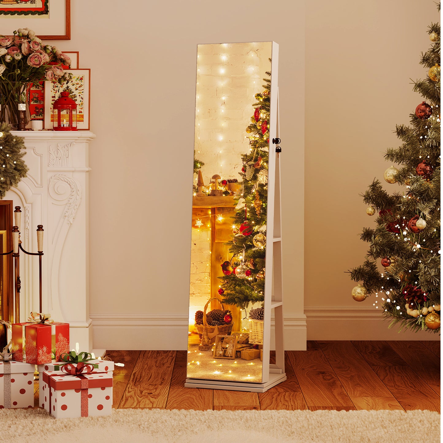 Swivel Jewelry Cabinet with Full Length Mirror and LED Lights