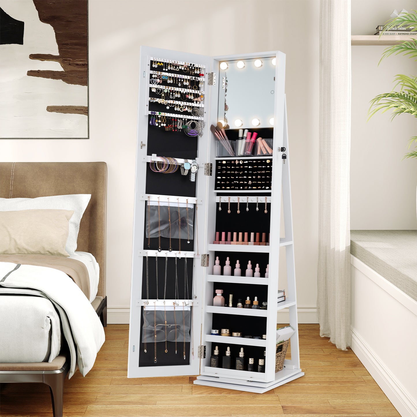 Swivel Jewelry Cabinet with Full Length Mirror and LED Lights