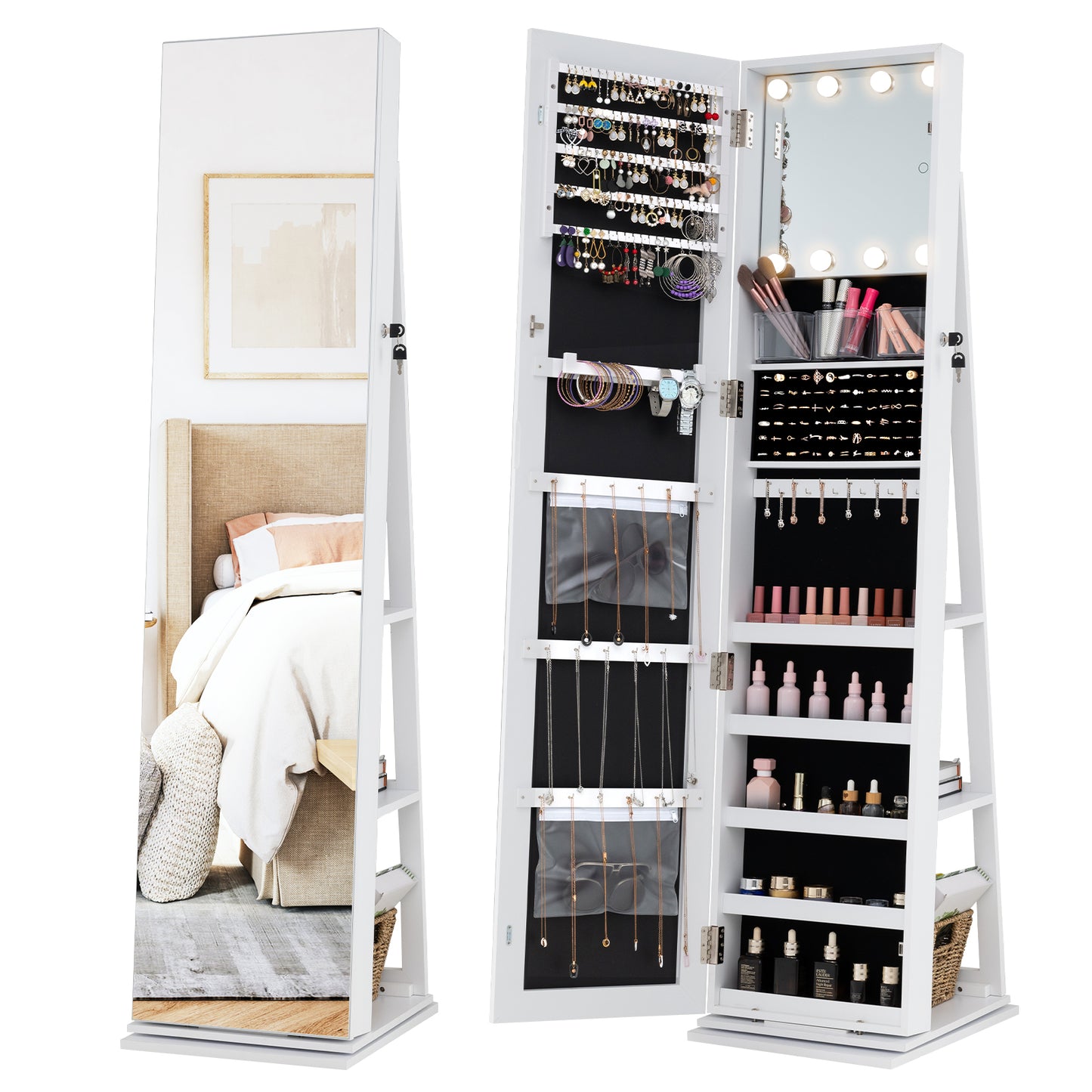 Swivel Jewelry Cabinet with Full Length Mirror and LED Lights