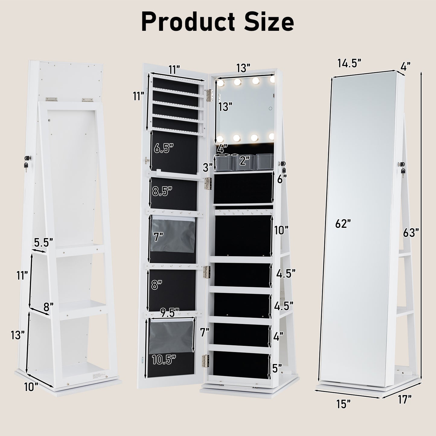 Swivel Jewelry Cabinet with Full Length Mirror and LED Lights