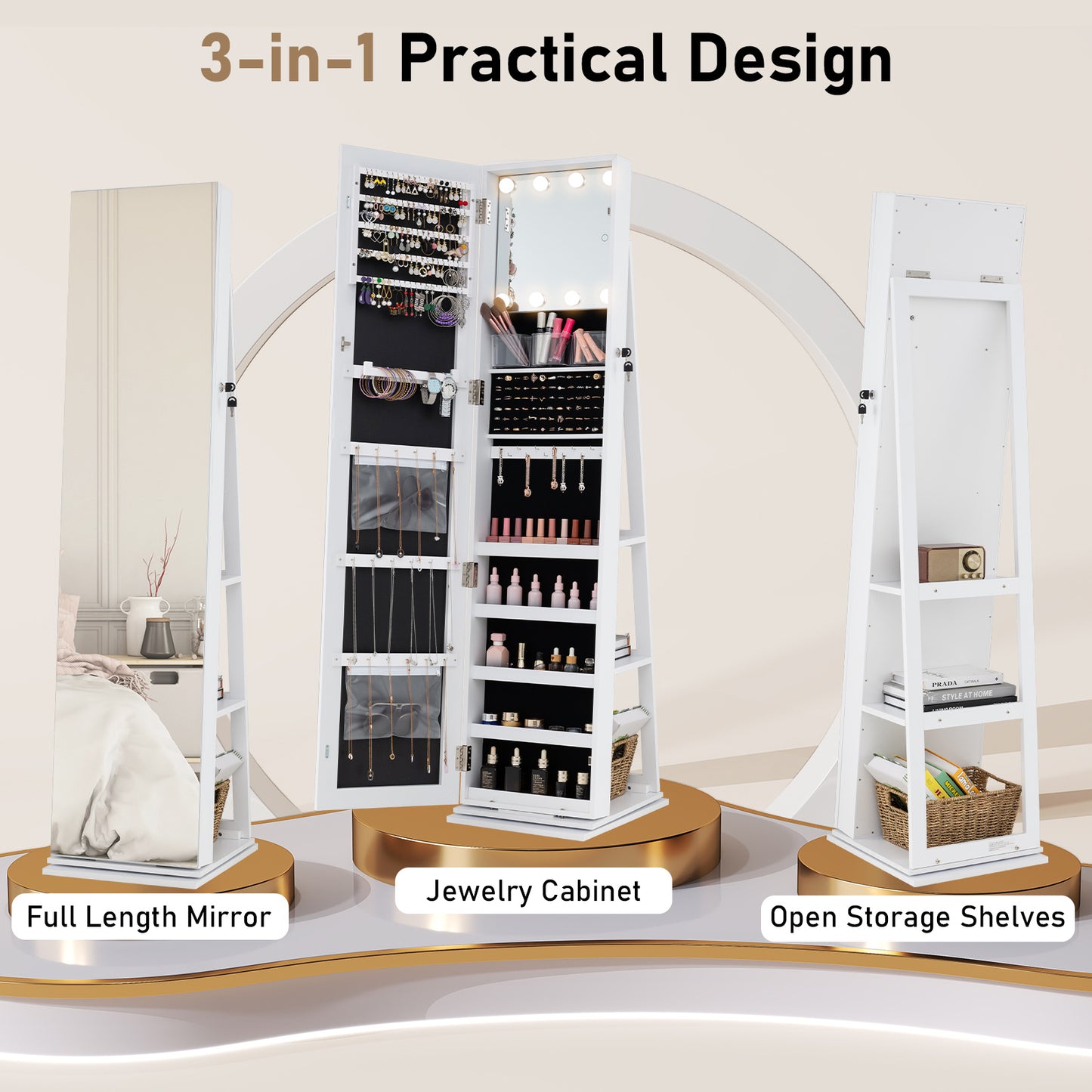 Swivel Jewelry Cabinet with Full Length Mirror and LED Lights